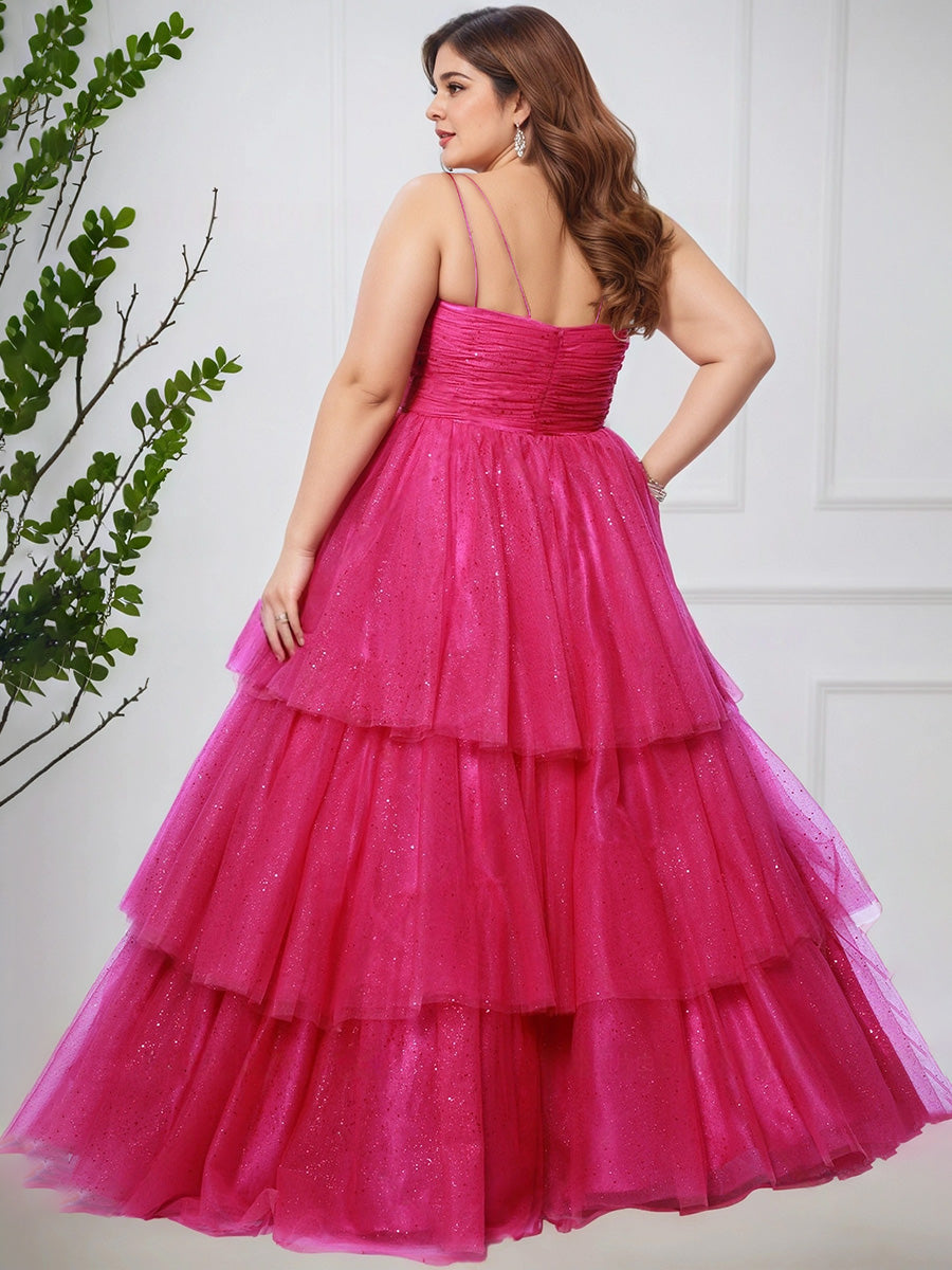 Cicinia Fuchsia Spaghetti Straps Layers Shiny Tulle Plus Sizes Princess Prom Dresses