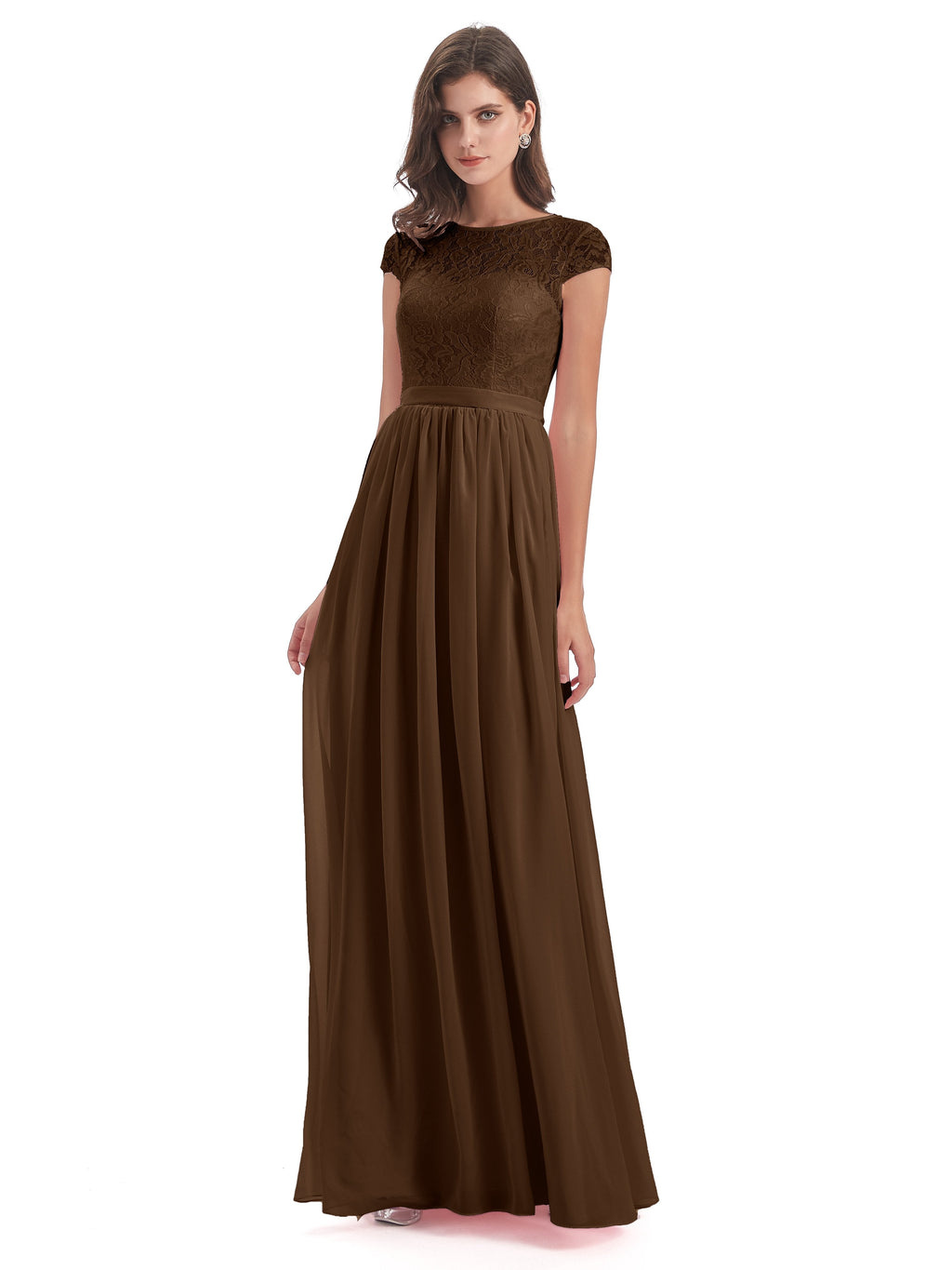 Long Brown Bridesmaid Dresses Darcy Modest Cap Sleeves Illusion Long C