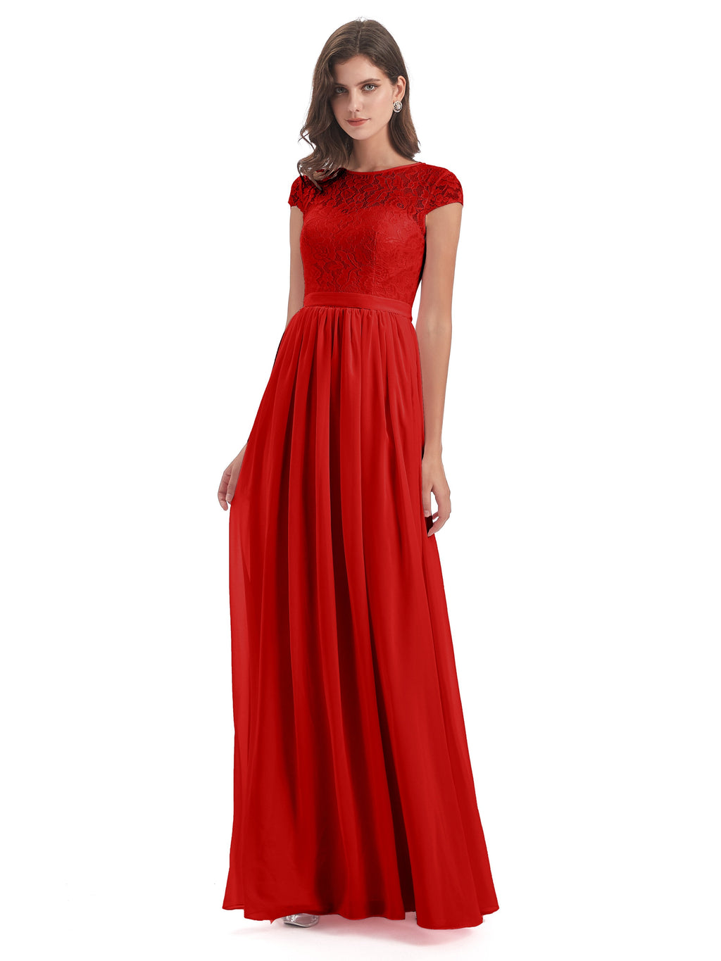 Red Chiffon Bridesmaid Dresses Darcy Modest Cap Sleeves Illusion Long