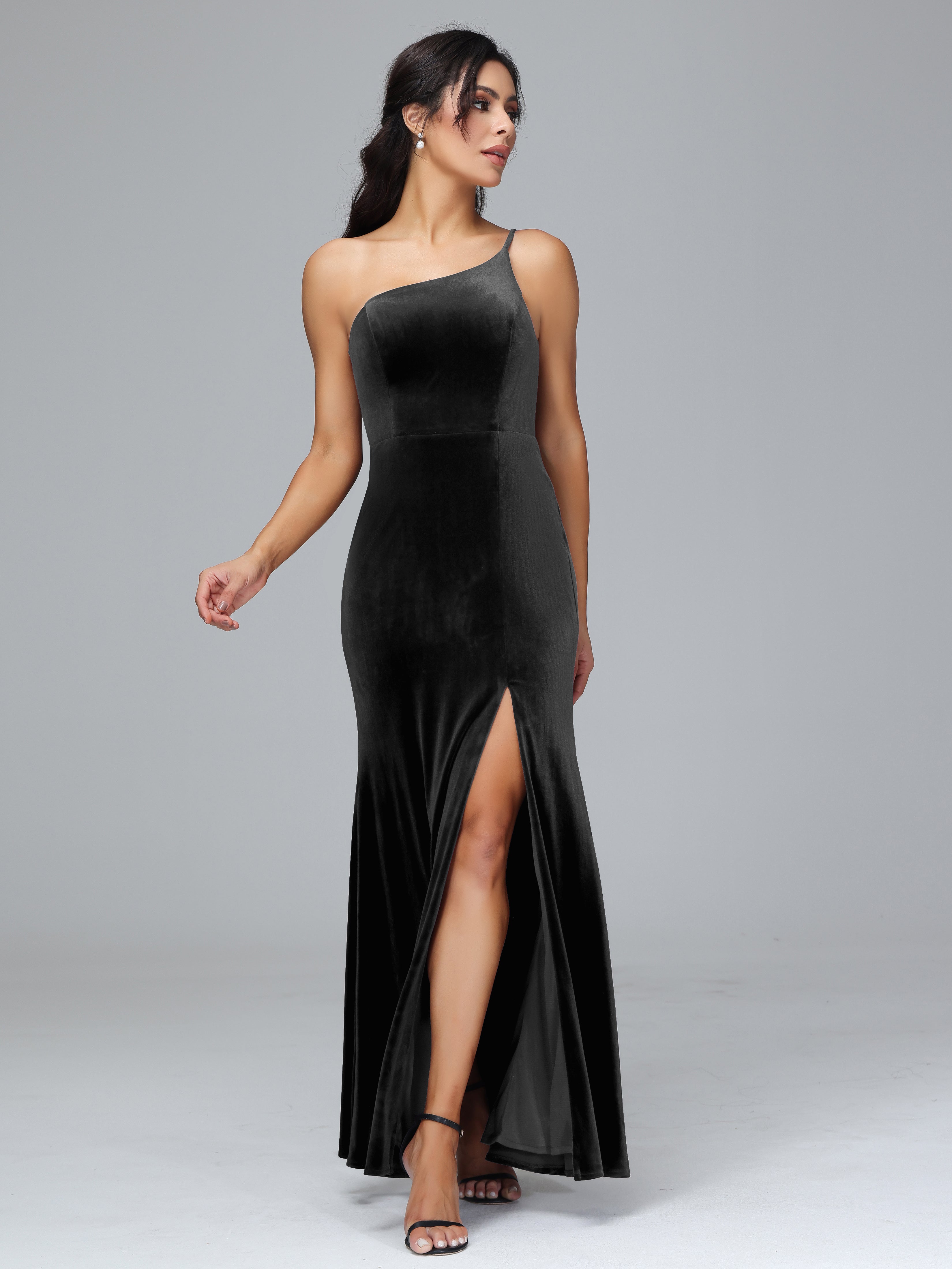 One Shoulder Sheath Split Velvet Bridesmaid Dresses