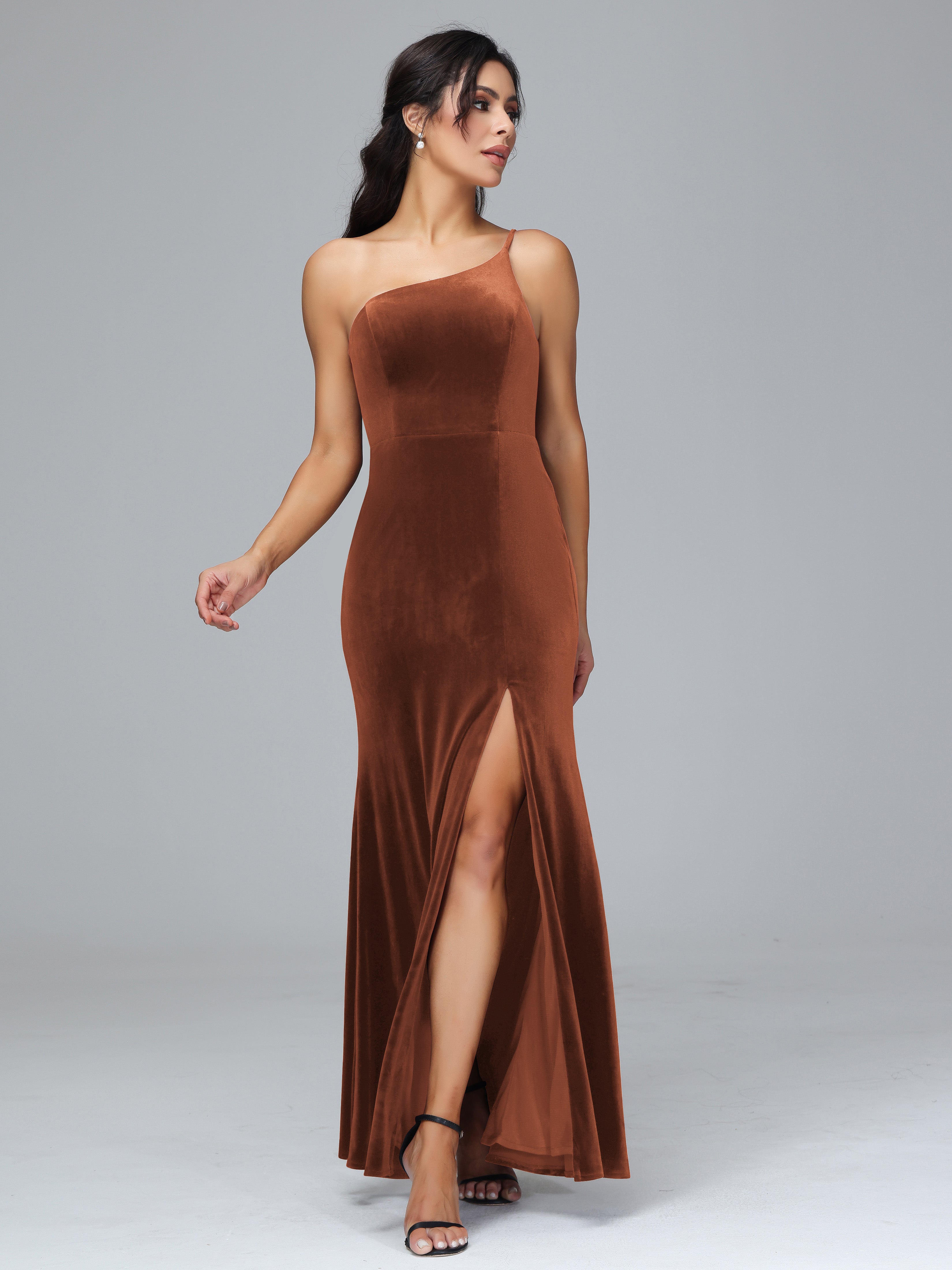 One Shoulder Sheath Split Velvet Bridesmaid Dresses