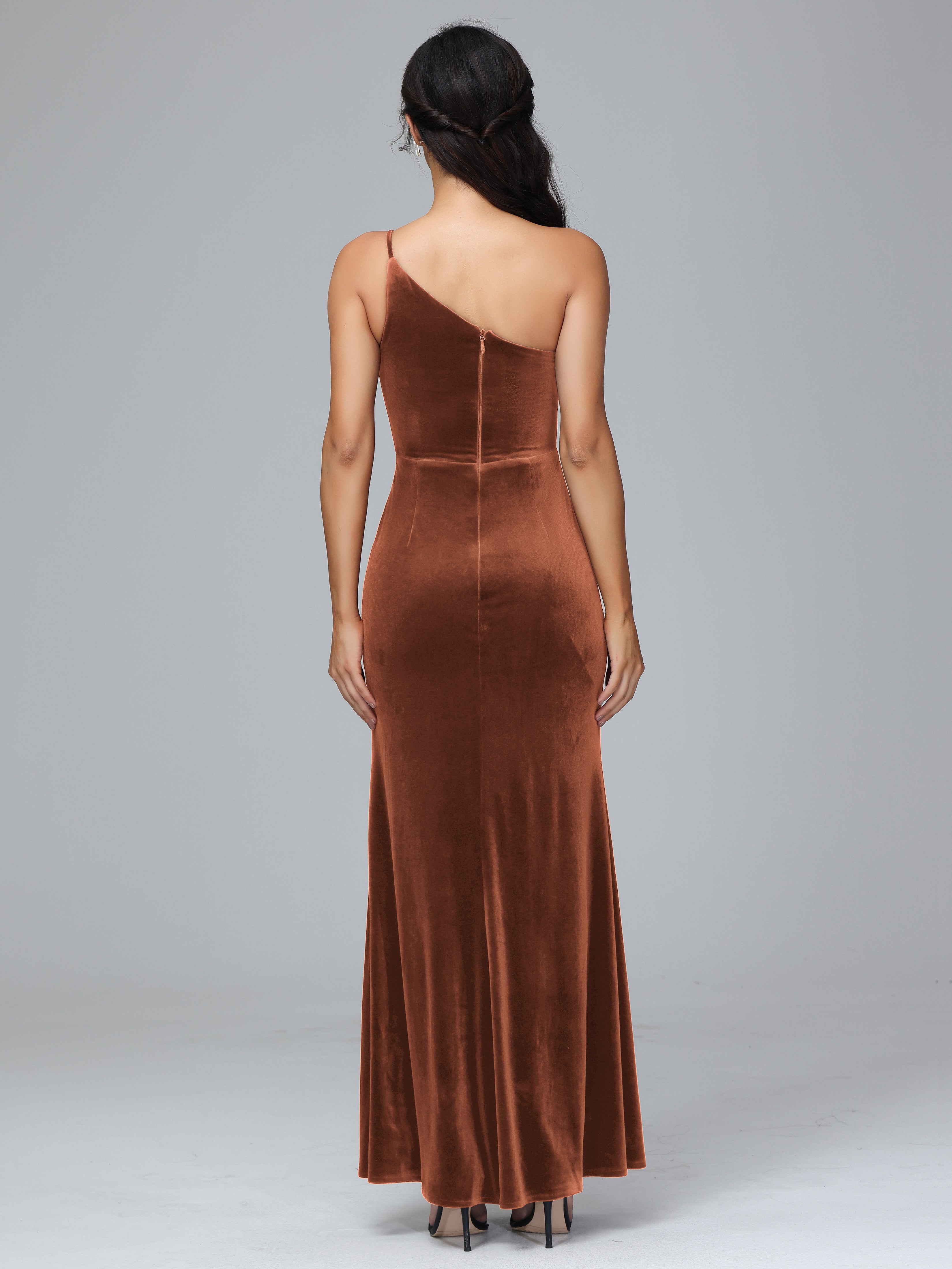 One Shoulder Sheath Split Velvet Bridesmaid Dresses