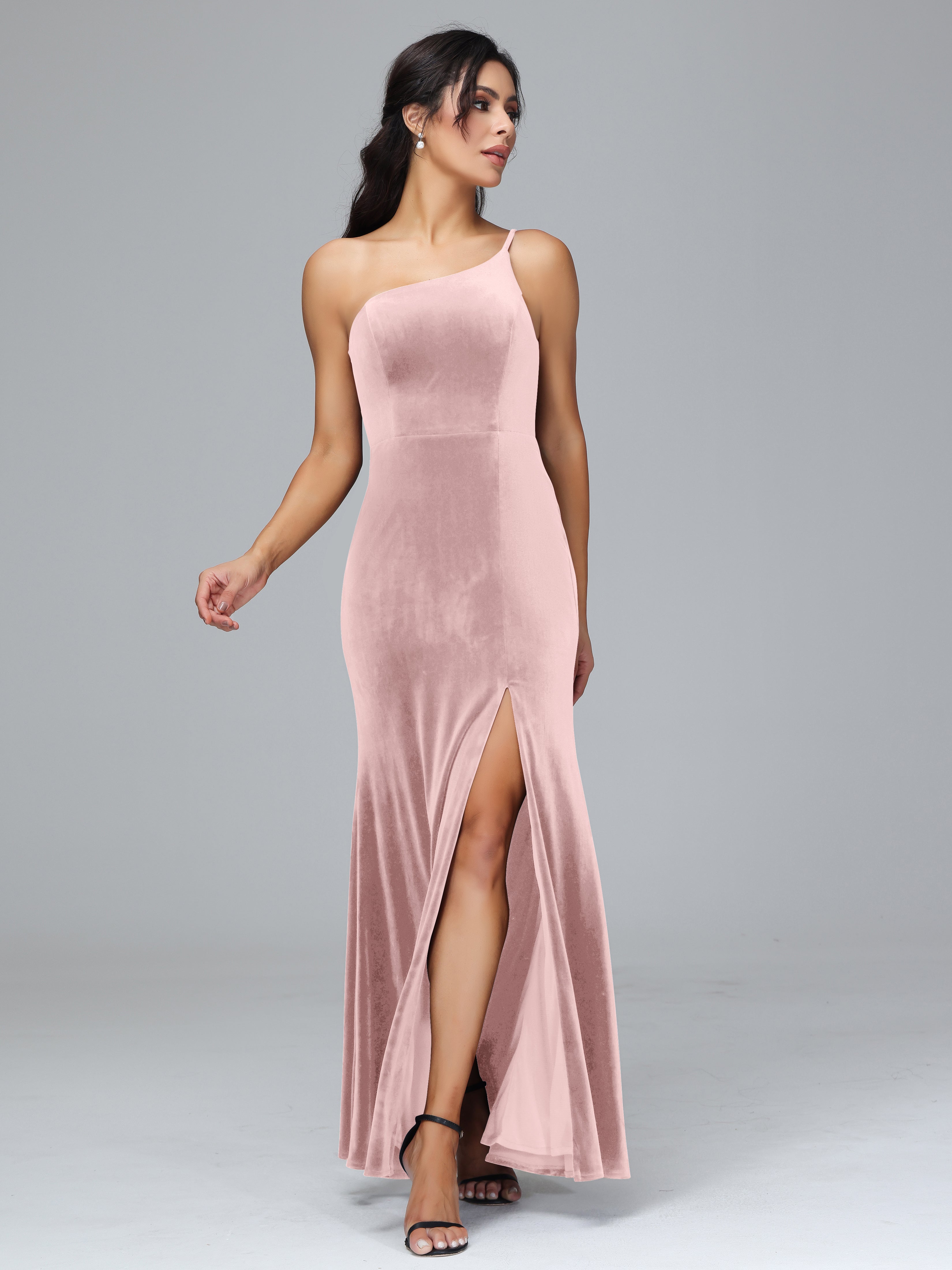 One Shoulder Sheath Split Velvet Bridesmaid Dresses