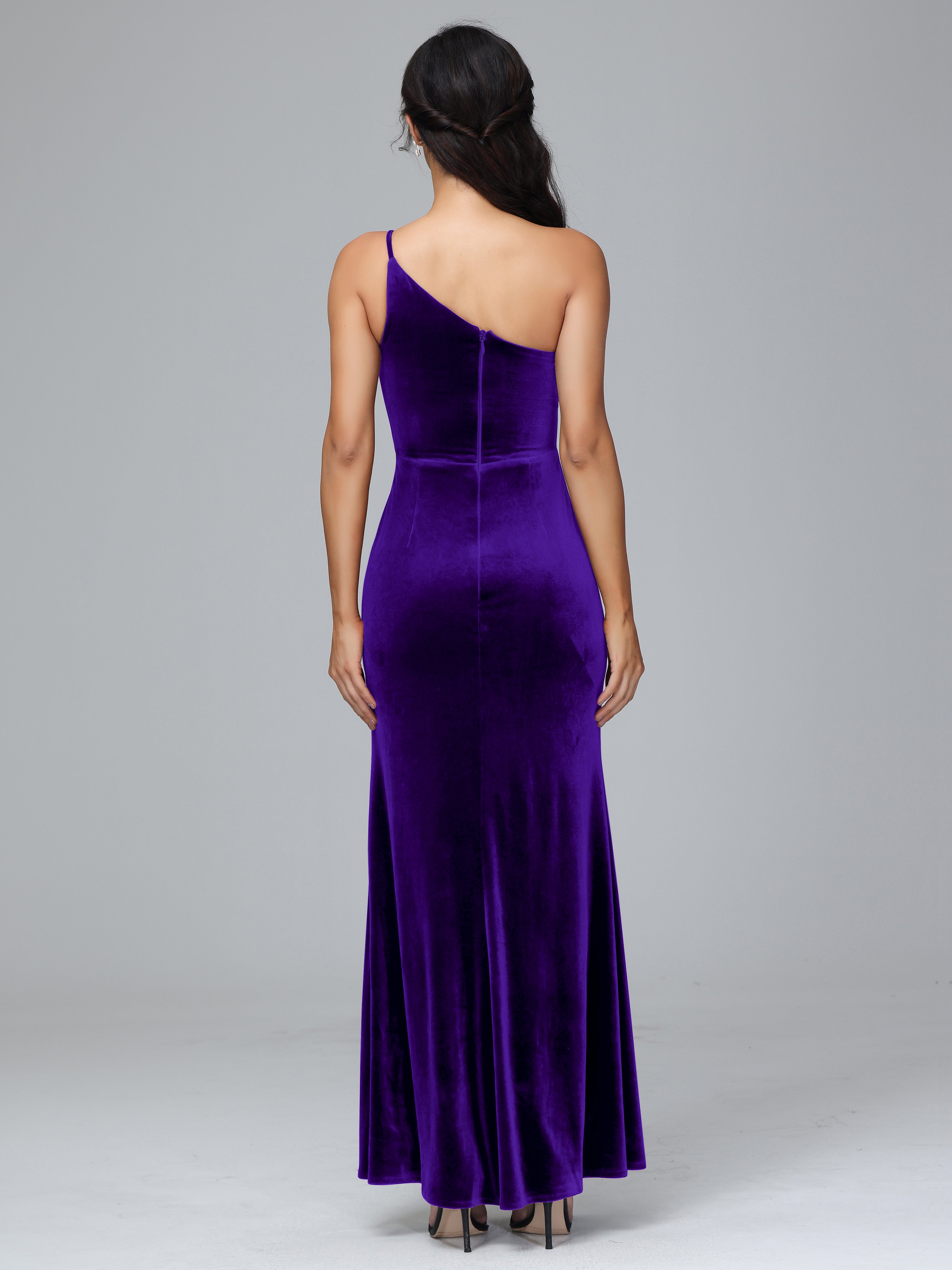 One Shoulder Sheath Split Velvet Bridesmaid Dresses