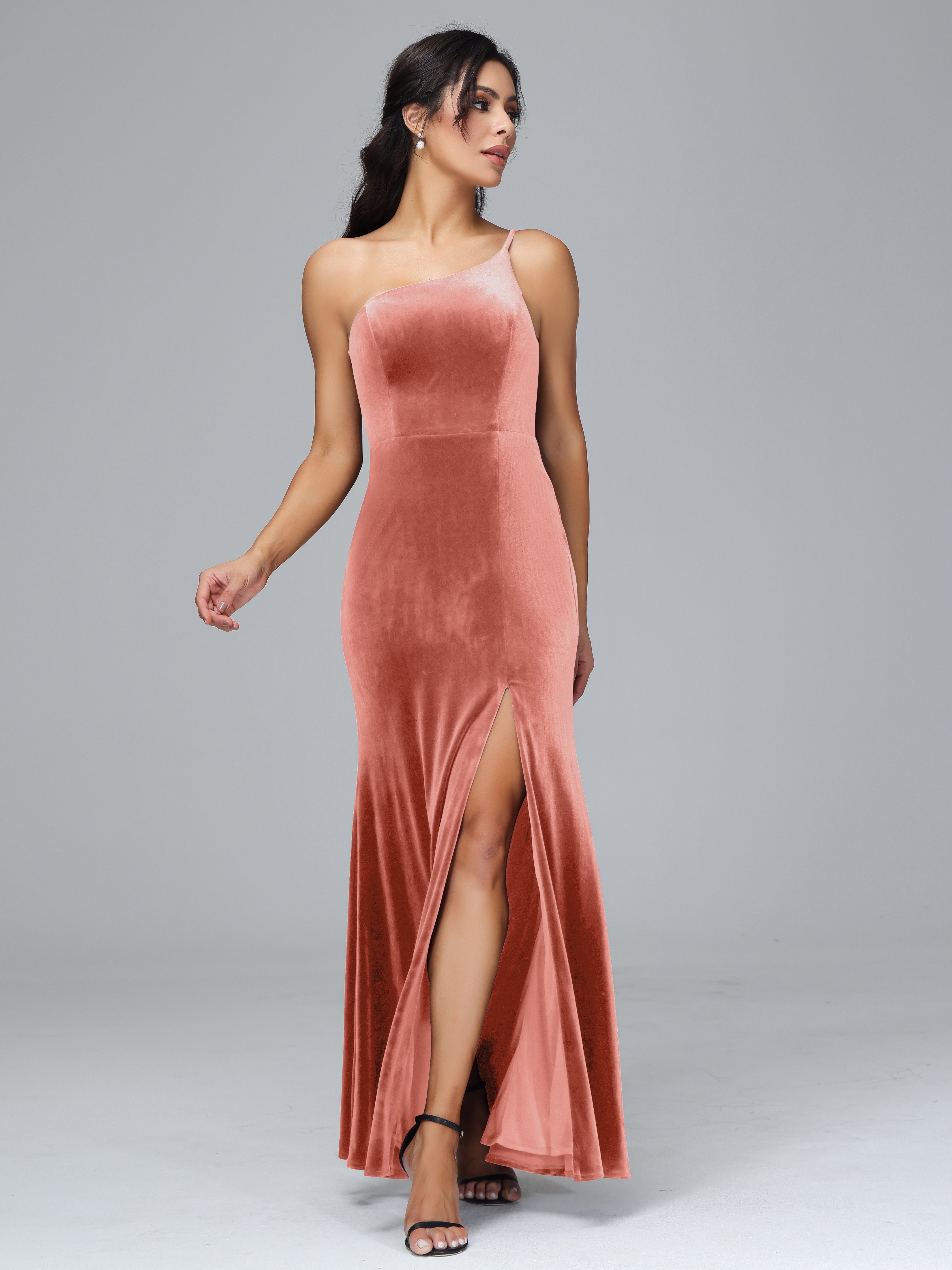 One Shoulder Sheath Split Velvet Bridesmaid Dresses