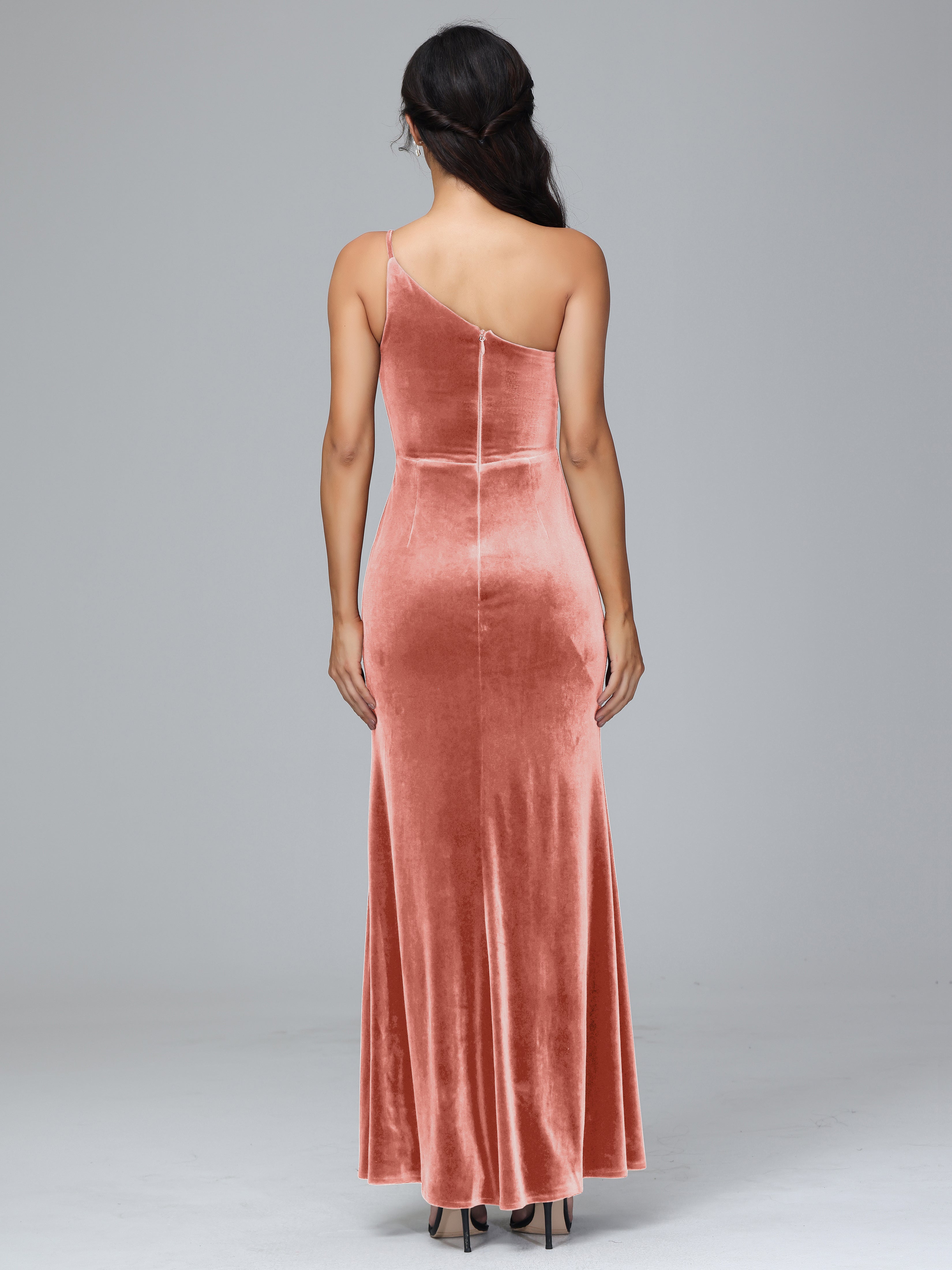 One Shoulder Sheath Split Velvet Bridesmaid Dresses