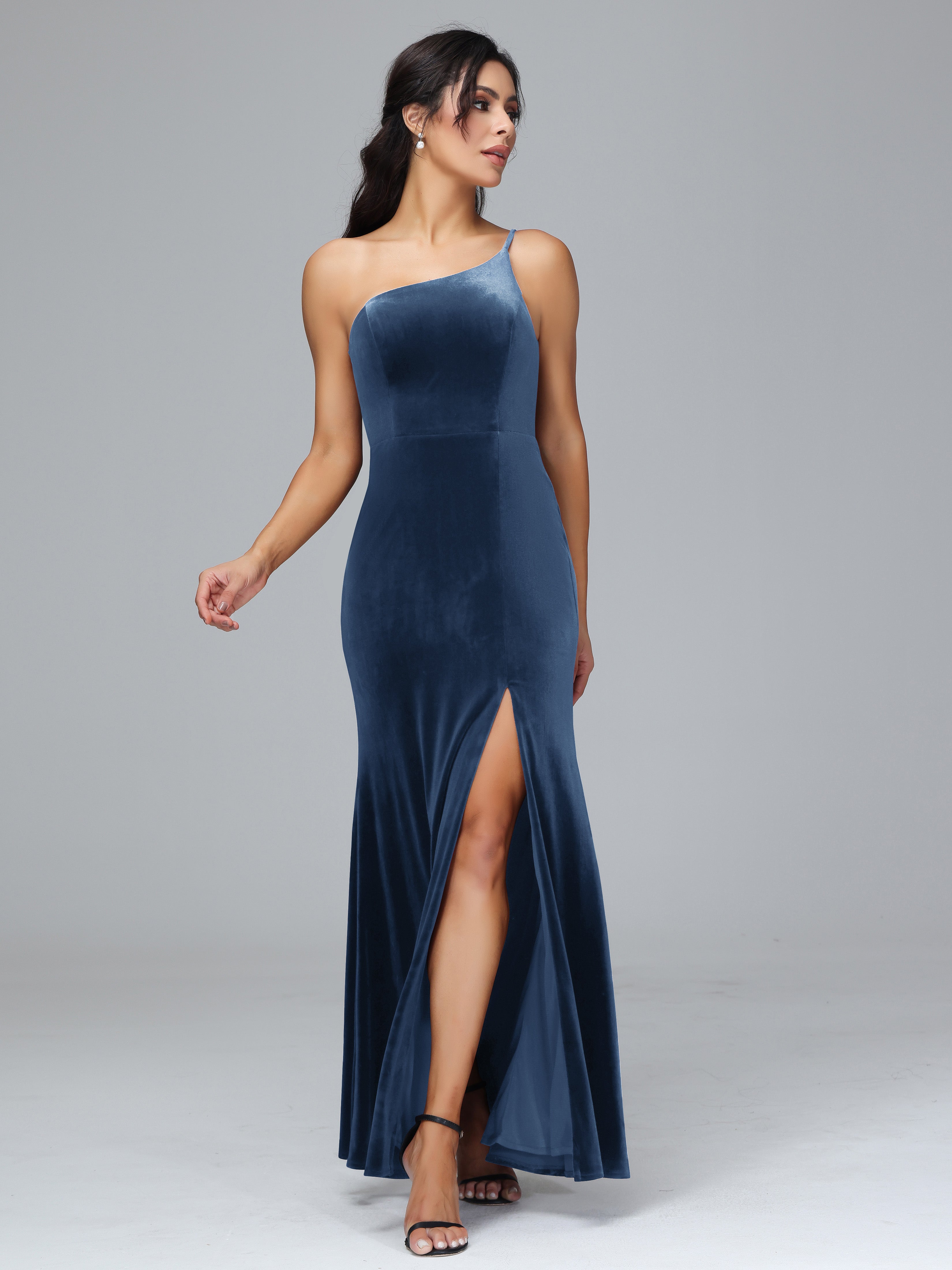 One Shoulder Sheath Split Velvet Bridesmaid Dresses