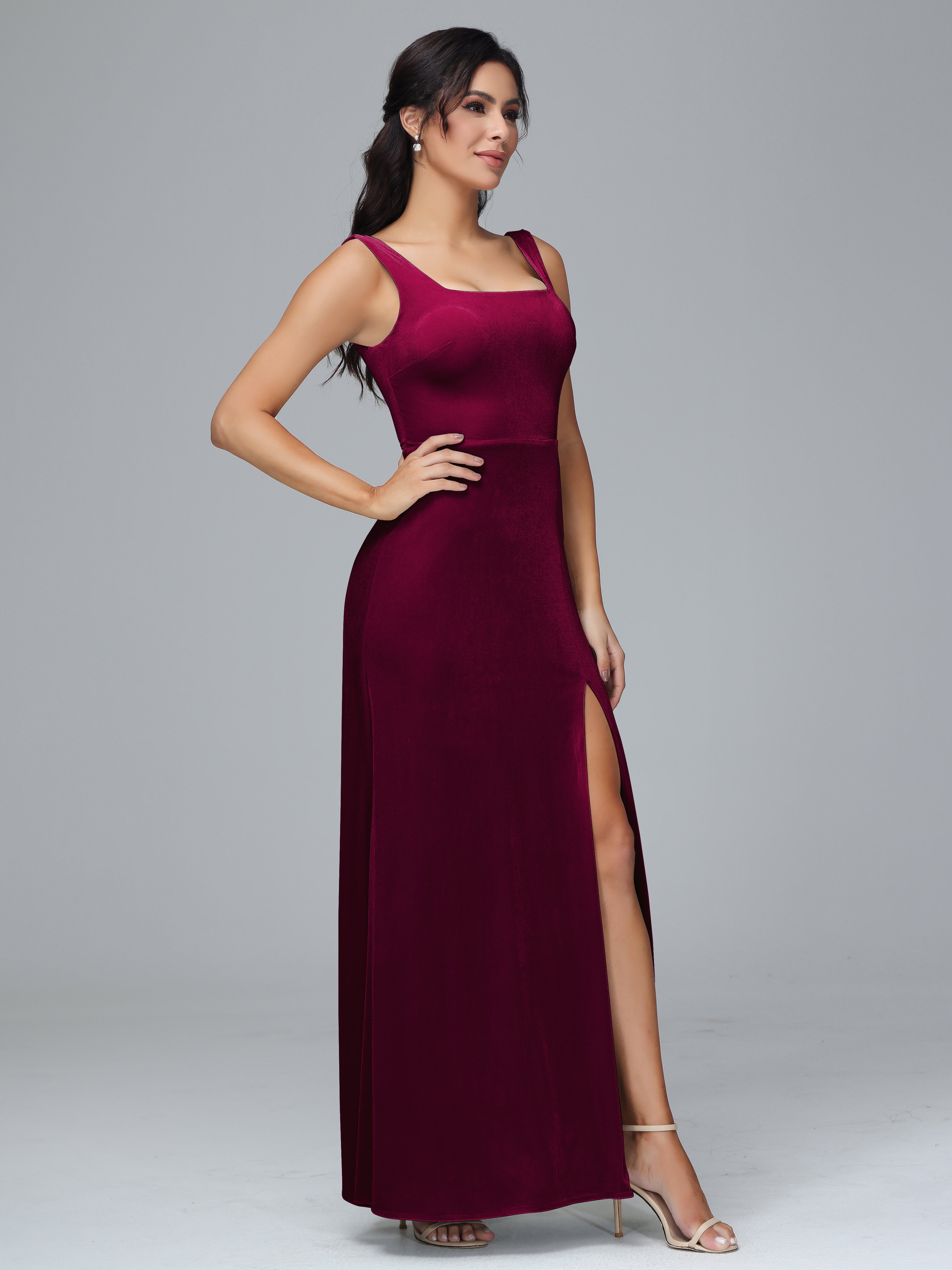 Scoop Straps Long Plus Size Bridesmaid Dresses With Split