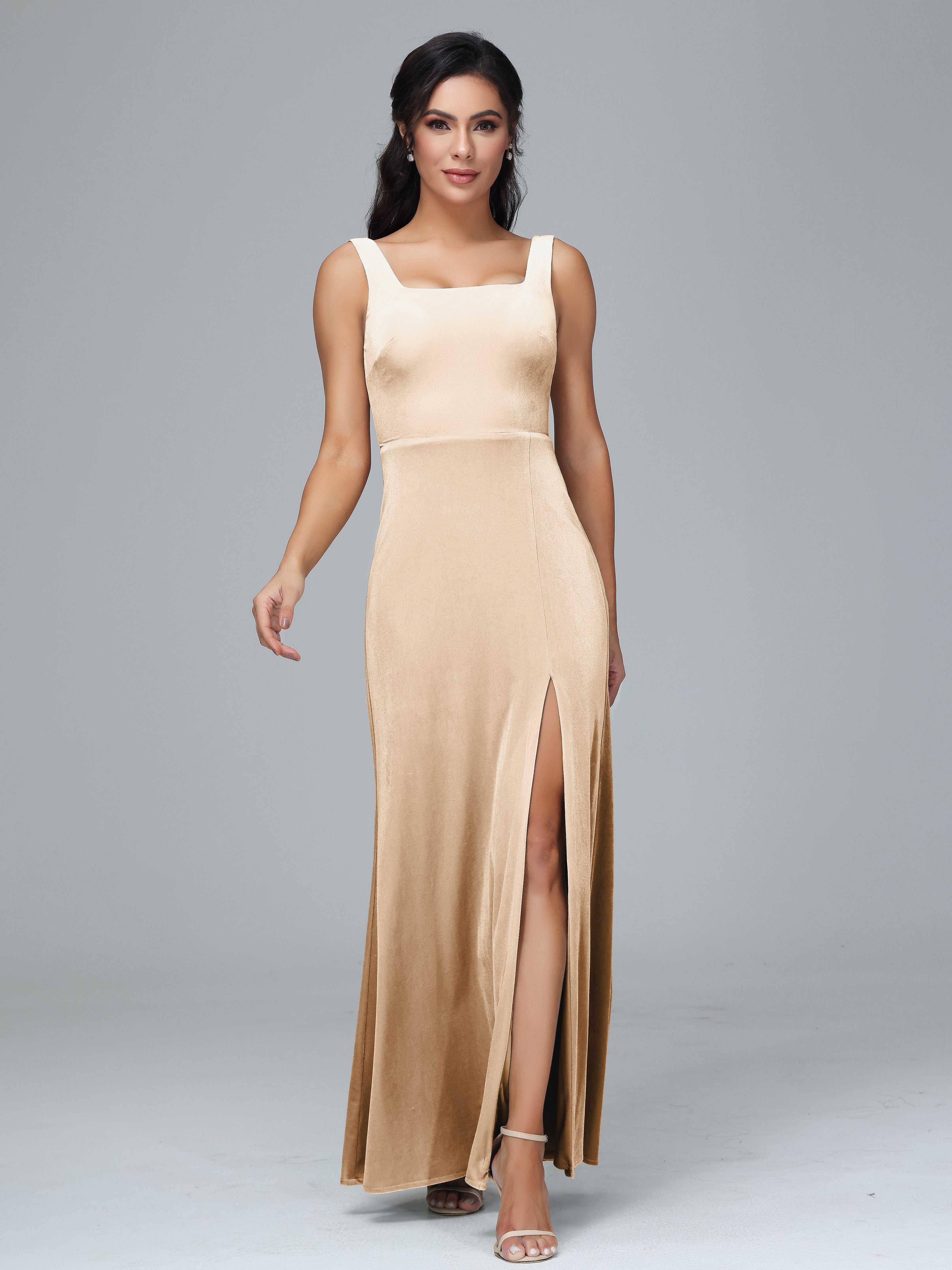 Scoop Straps Long Velvet Bridesmaid Dresses With Split