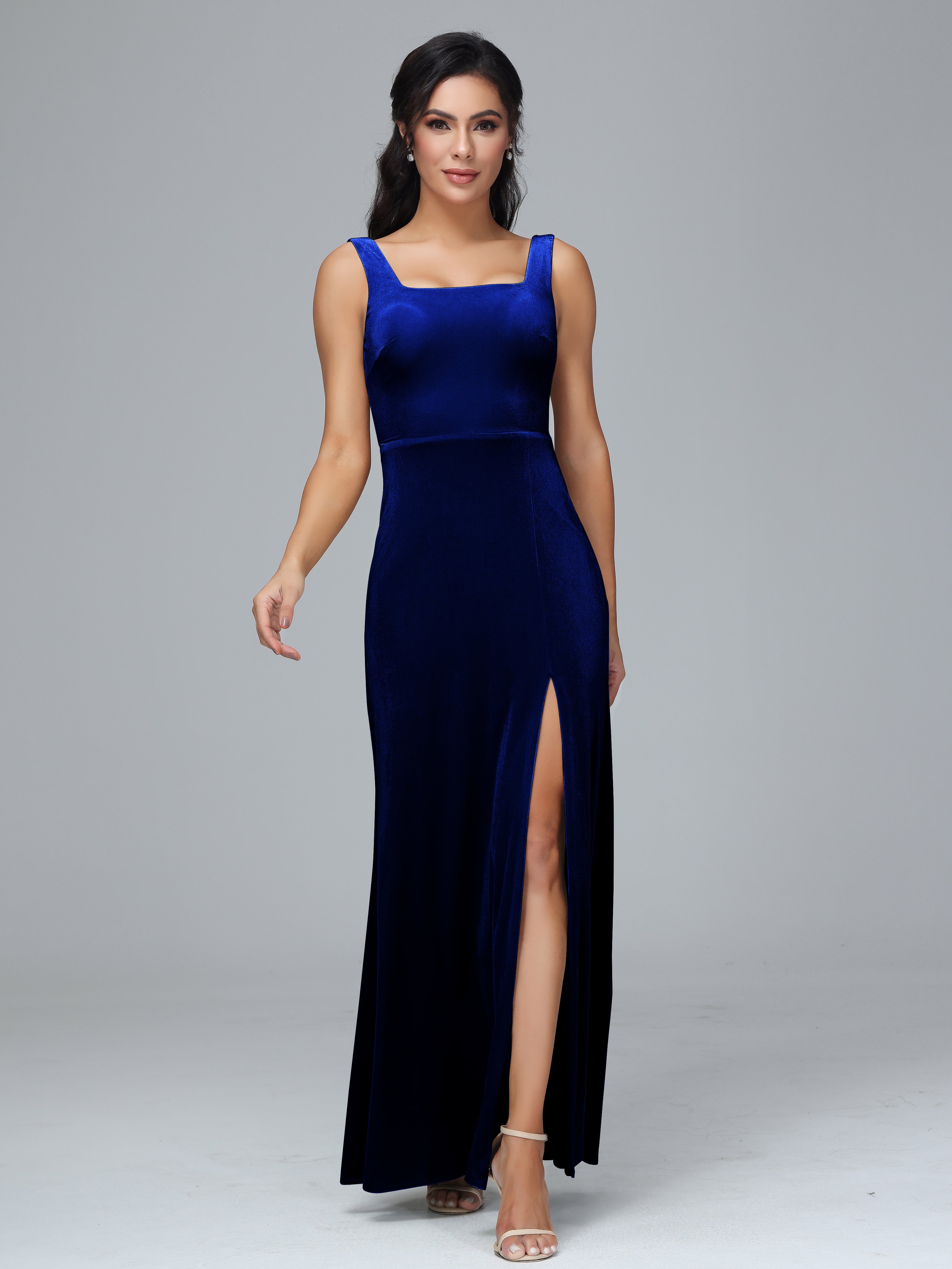 Scoop Straps Long Velvet Bridesmaid Dresses With Split