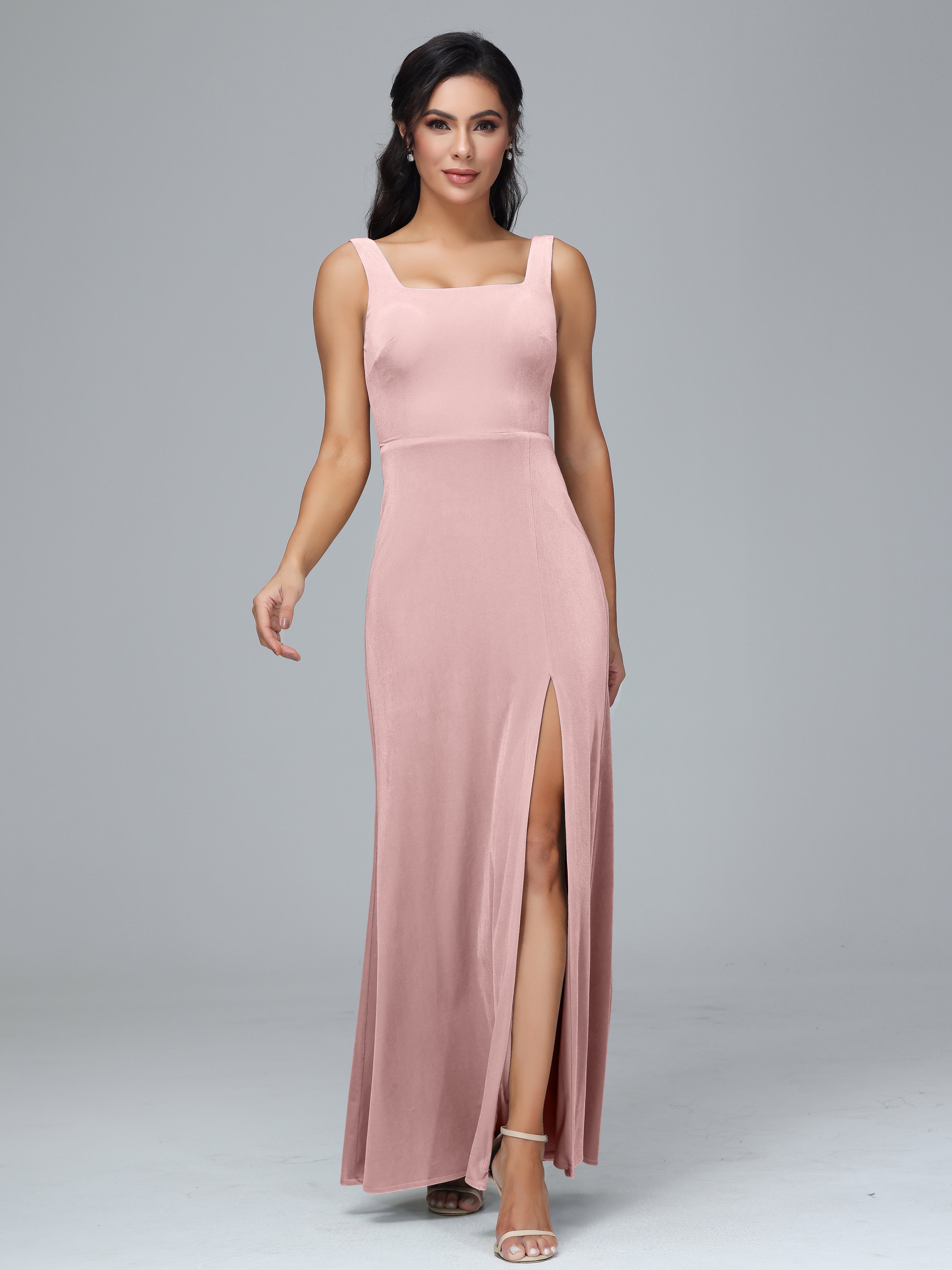 Scoop Straps Long Velvet Bridesmaid Dresses With Split