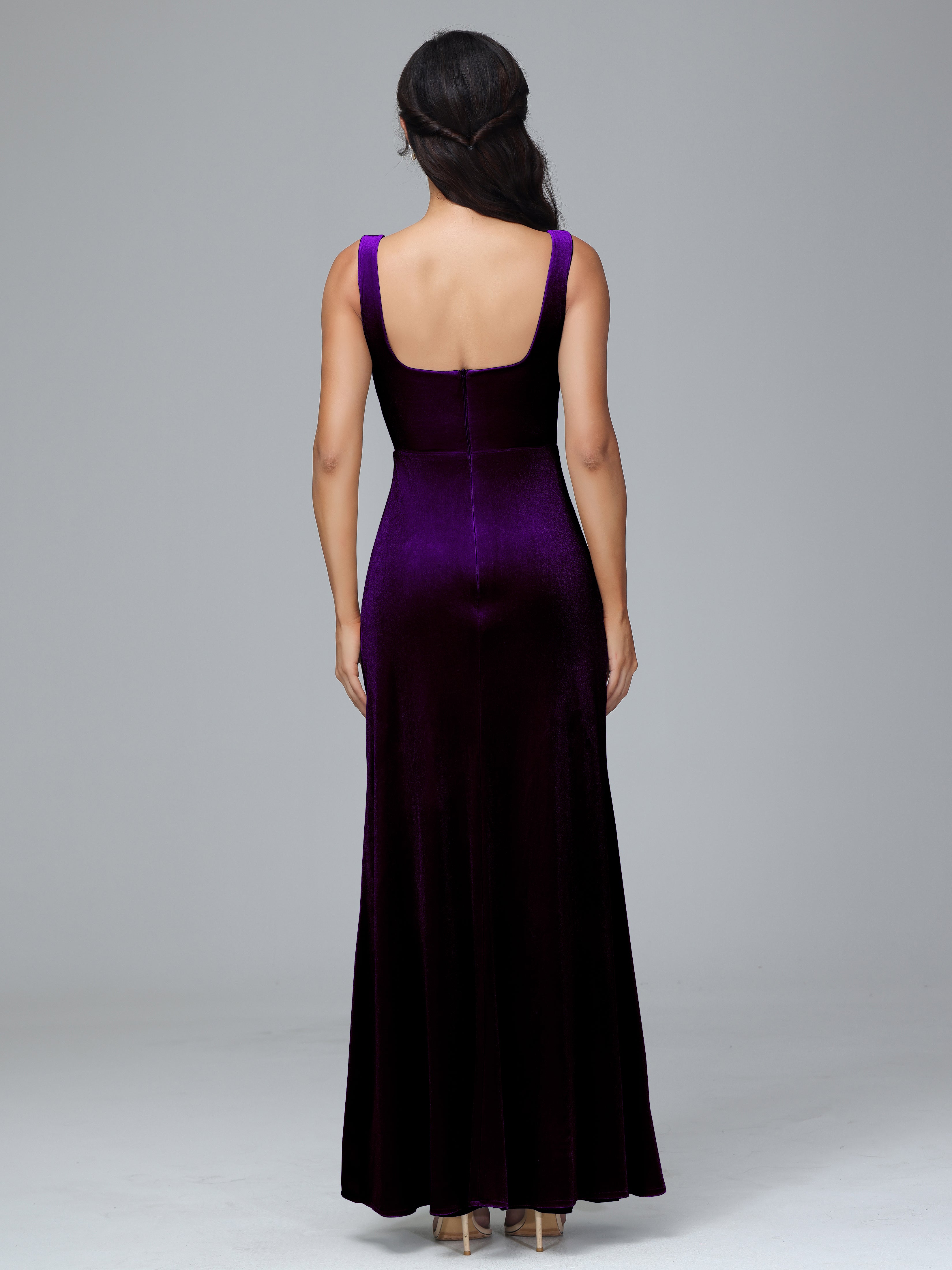 Scoop Straps Long Velvet Bridesmaid Dresses With Split