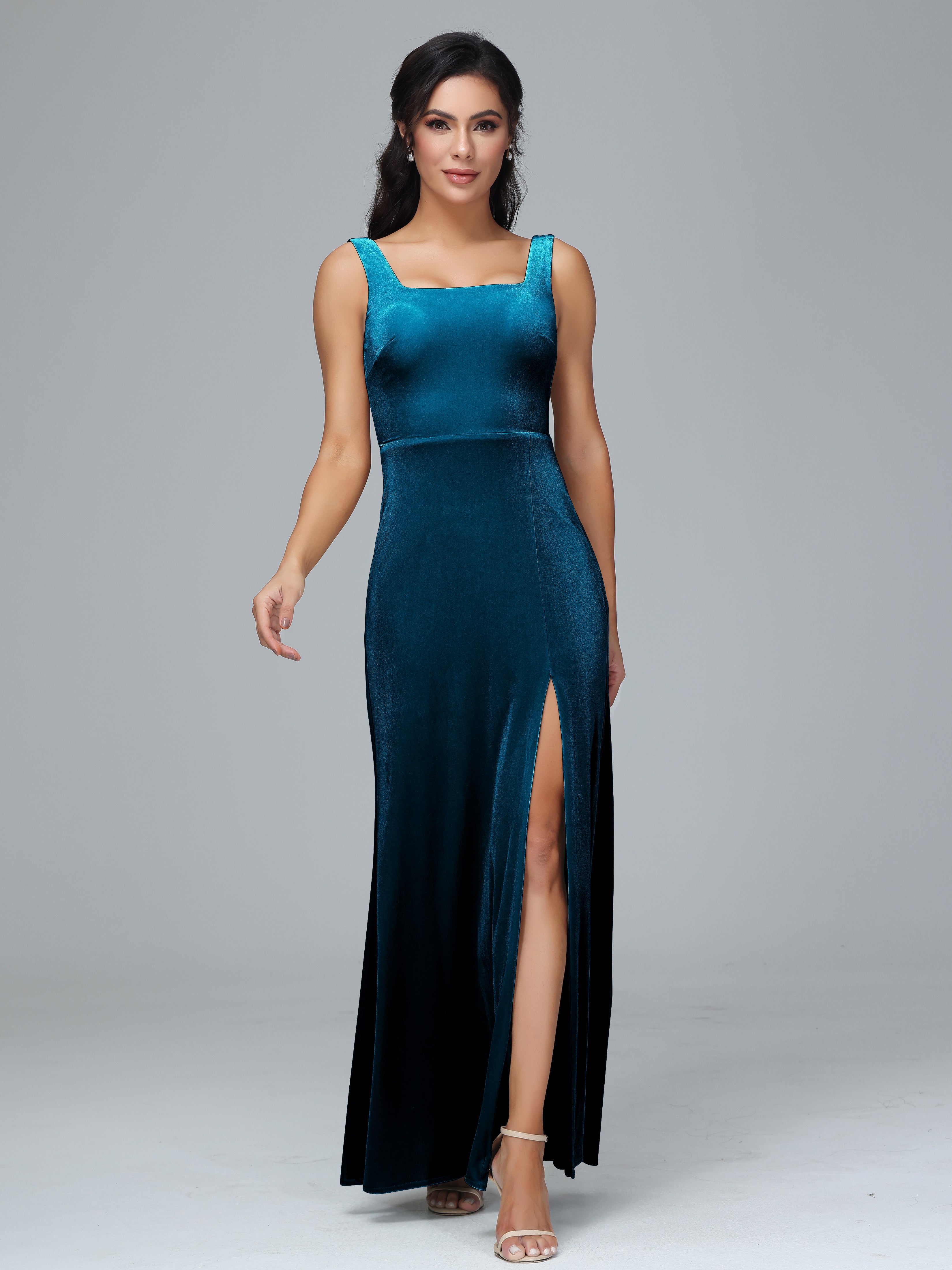 Scoop Straps Long Velvet Bridesmaid Dresses With Split