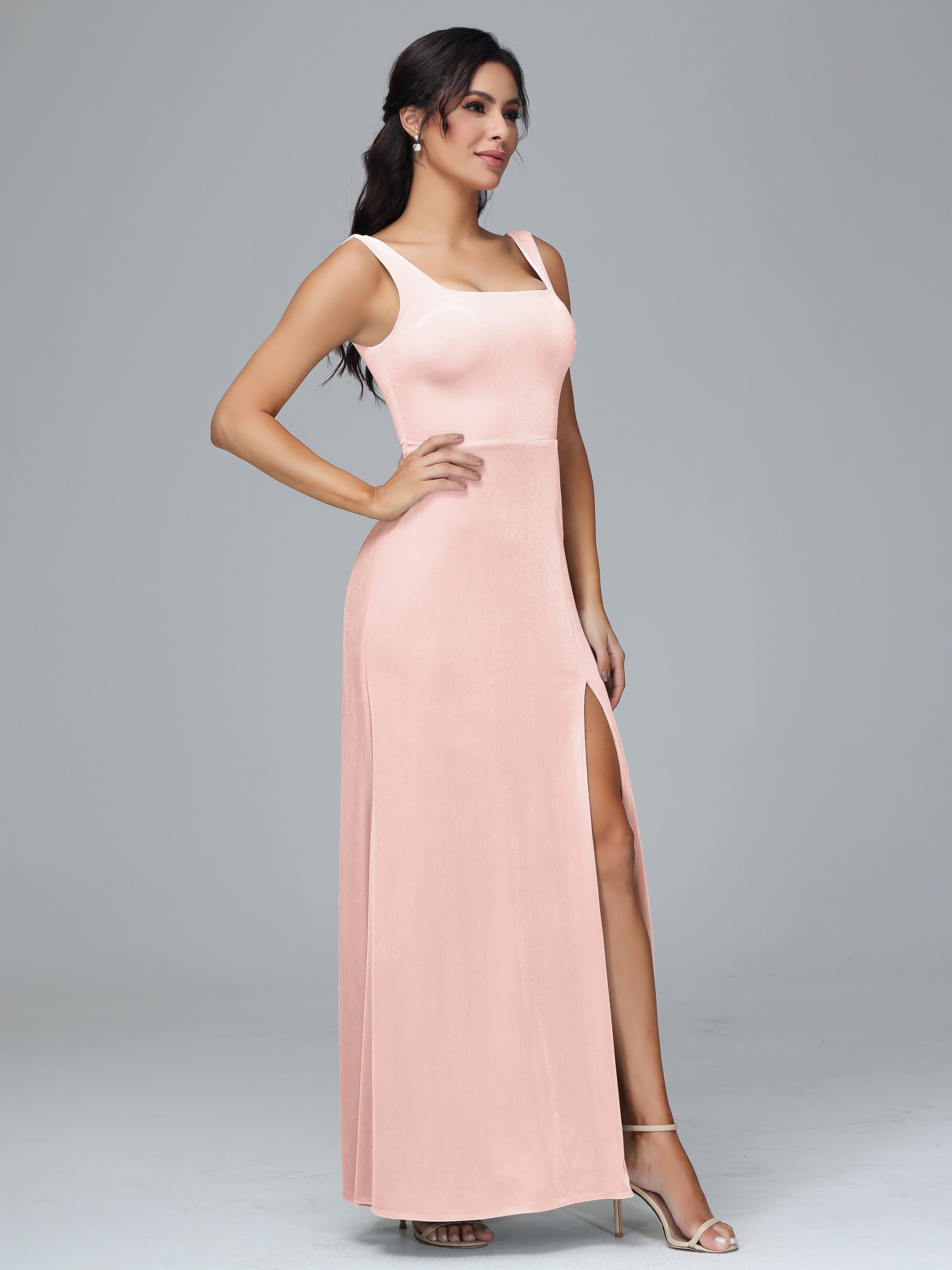 Scoop Straps Long Velvet Bridesmaid Dresses With Split