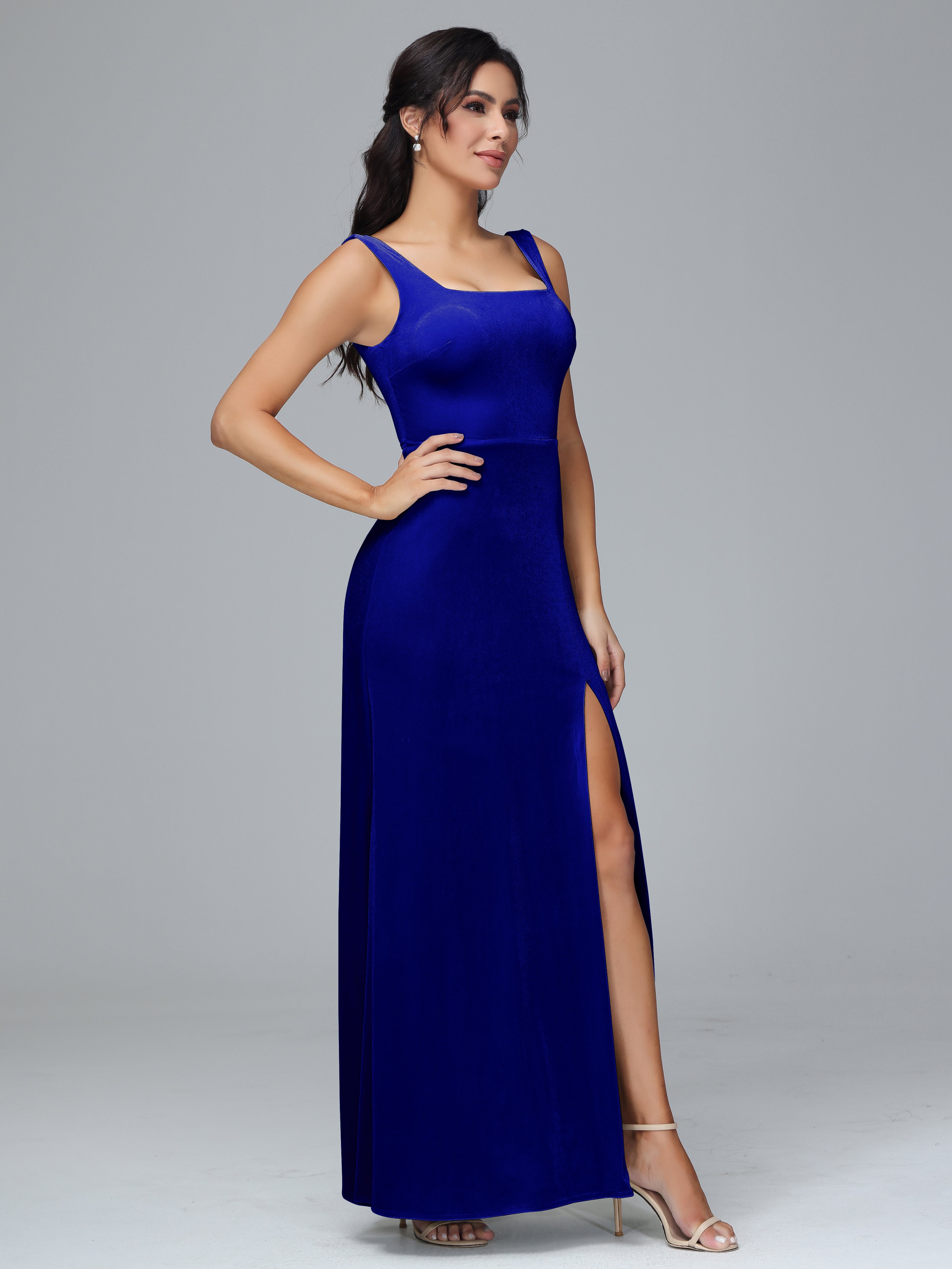 Scoop Straps Long Velvet Bridesmaid Dresses With Split