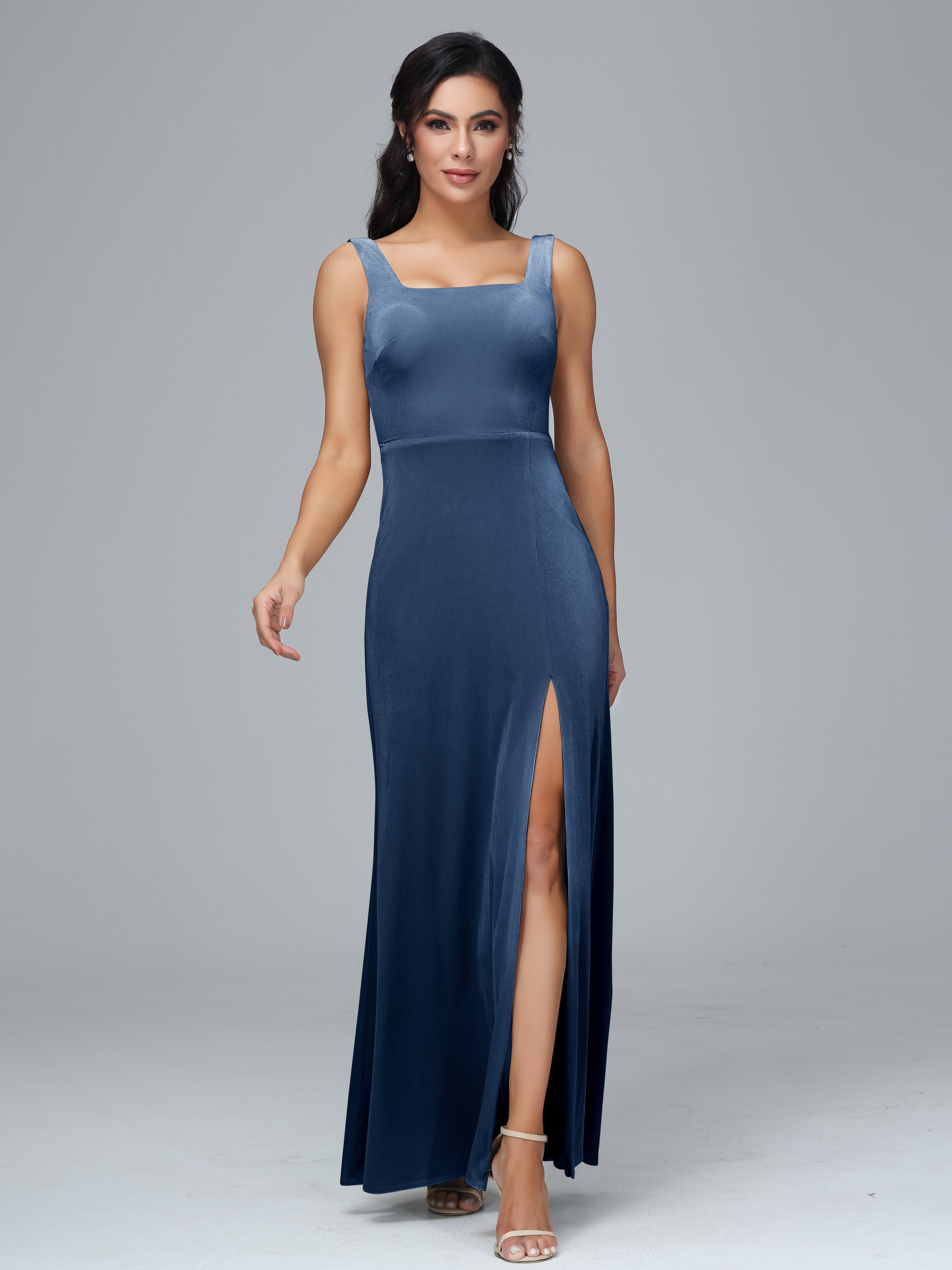 Scoop Straps Long Velvet Bridesmaid Dresses With Split