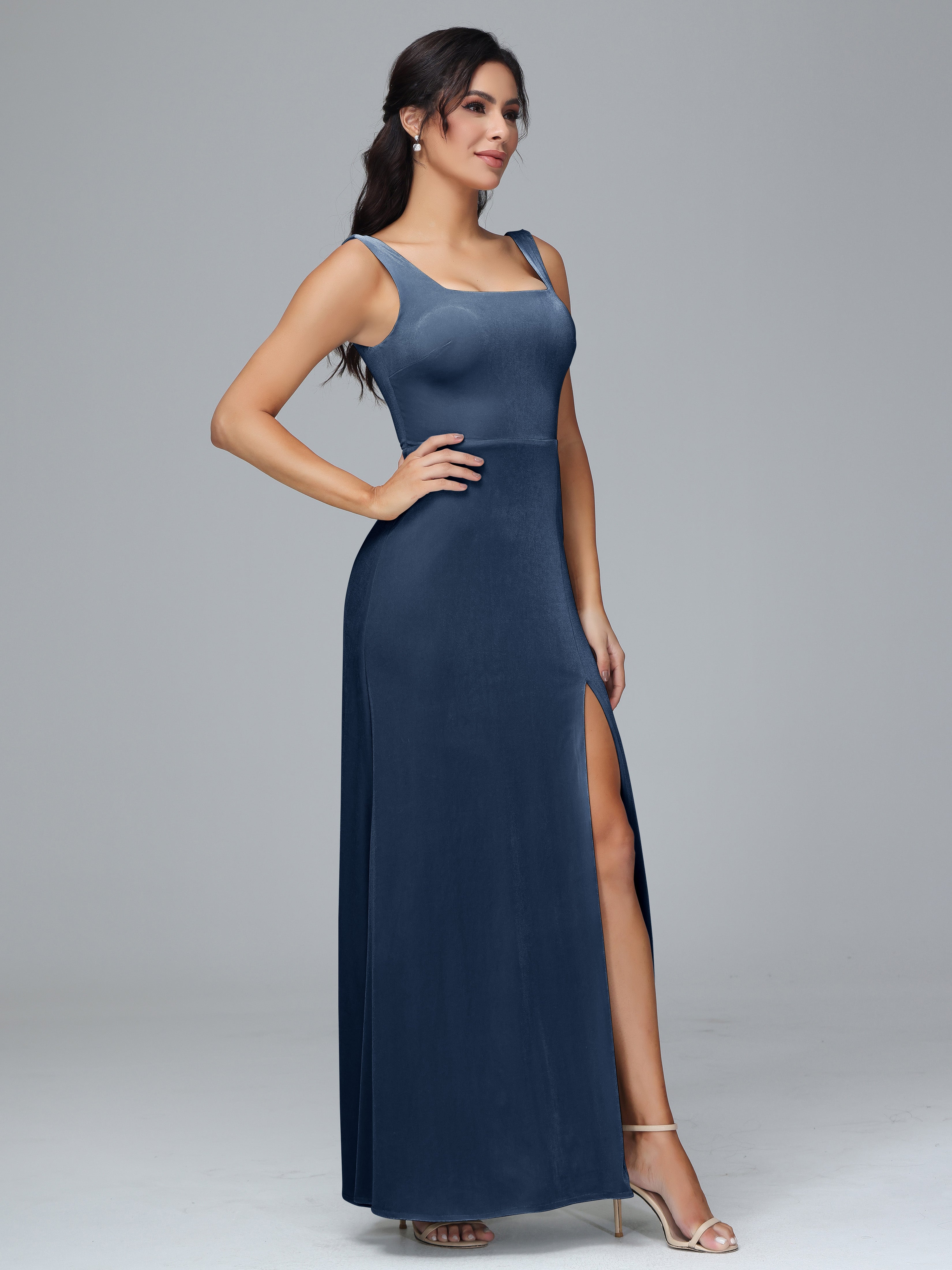 Scoop Straps Long Velvet Bridesmaid Dresses With Split