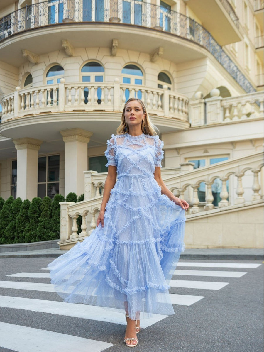 Umenlele Women's Mock Neck Tiered Ruffle Mini Dress - Smocked Babydoll Style In Light Blue
