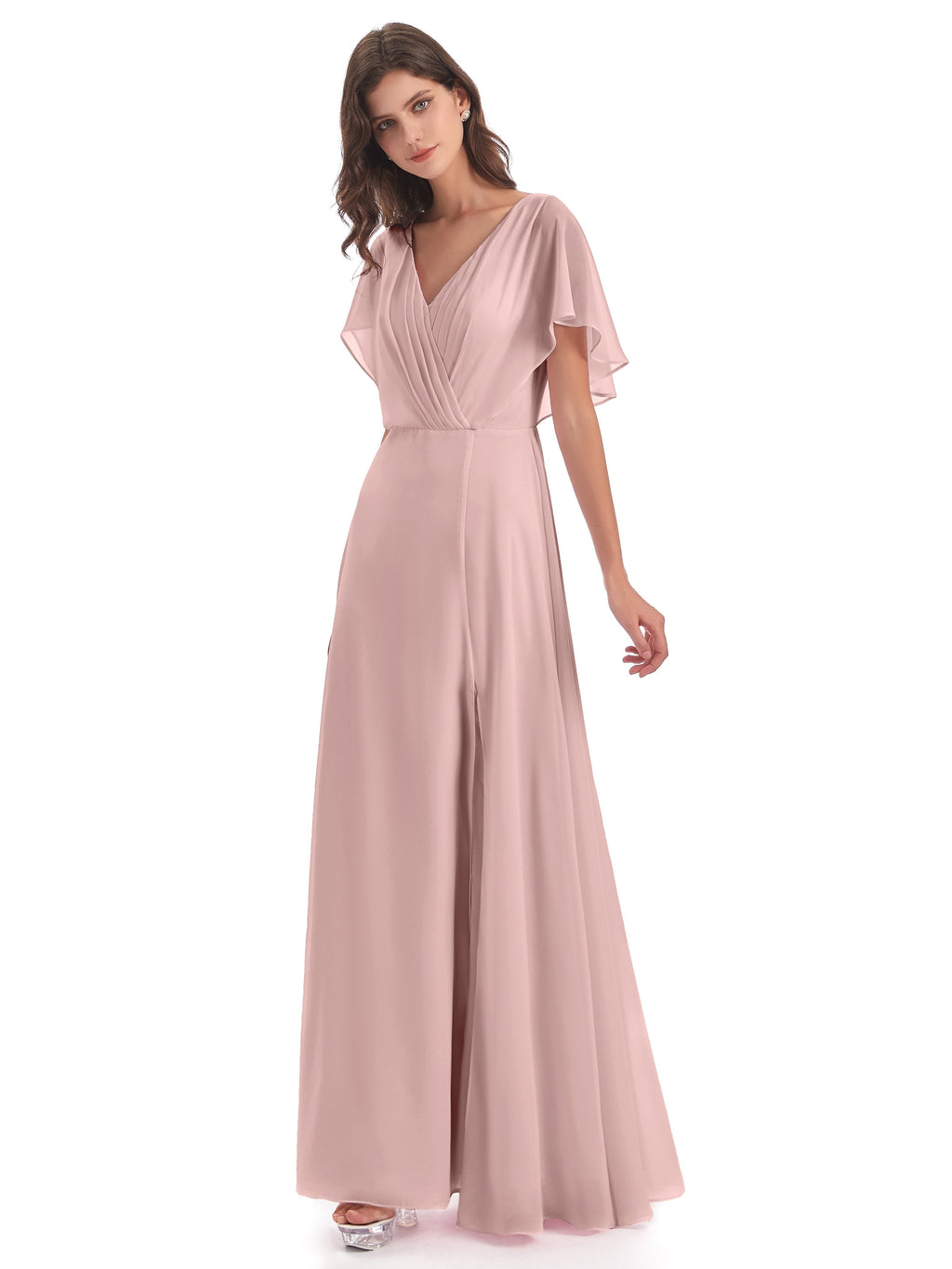 Dusty Rose Mauve Bridesmaid Dresses Emily Modest Chiffon Split Long Br