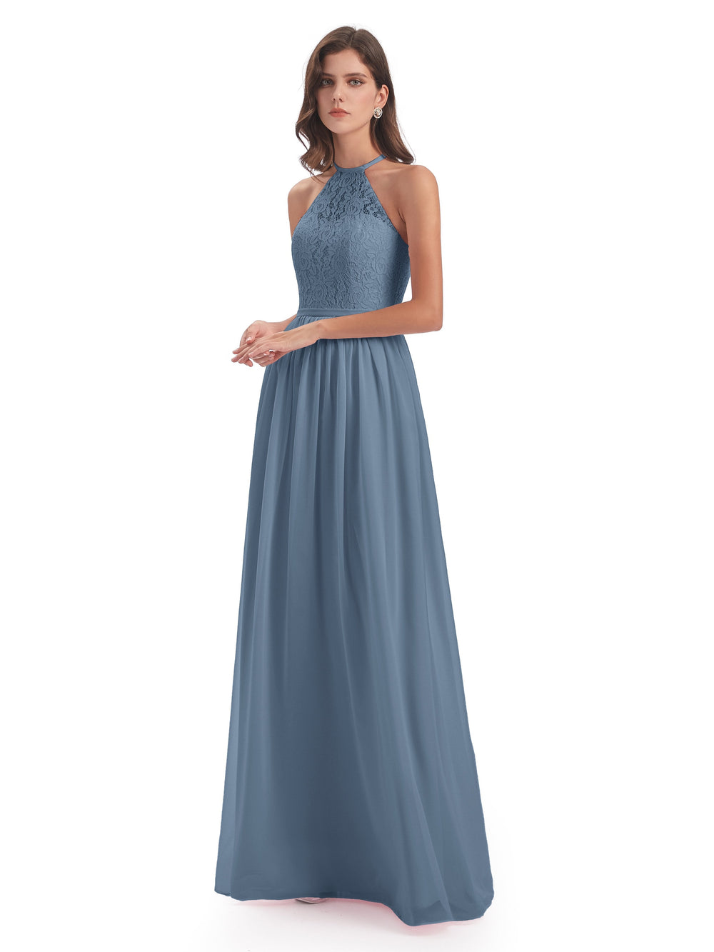 Slate Blue Bridesmaids Magdalena Stunning Halter Floor Length Lace/Chi