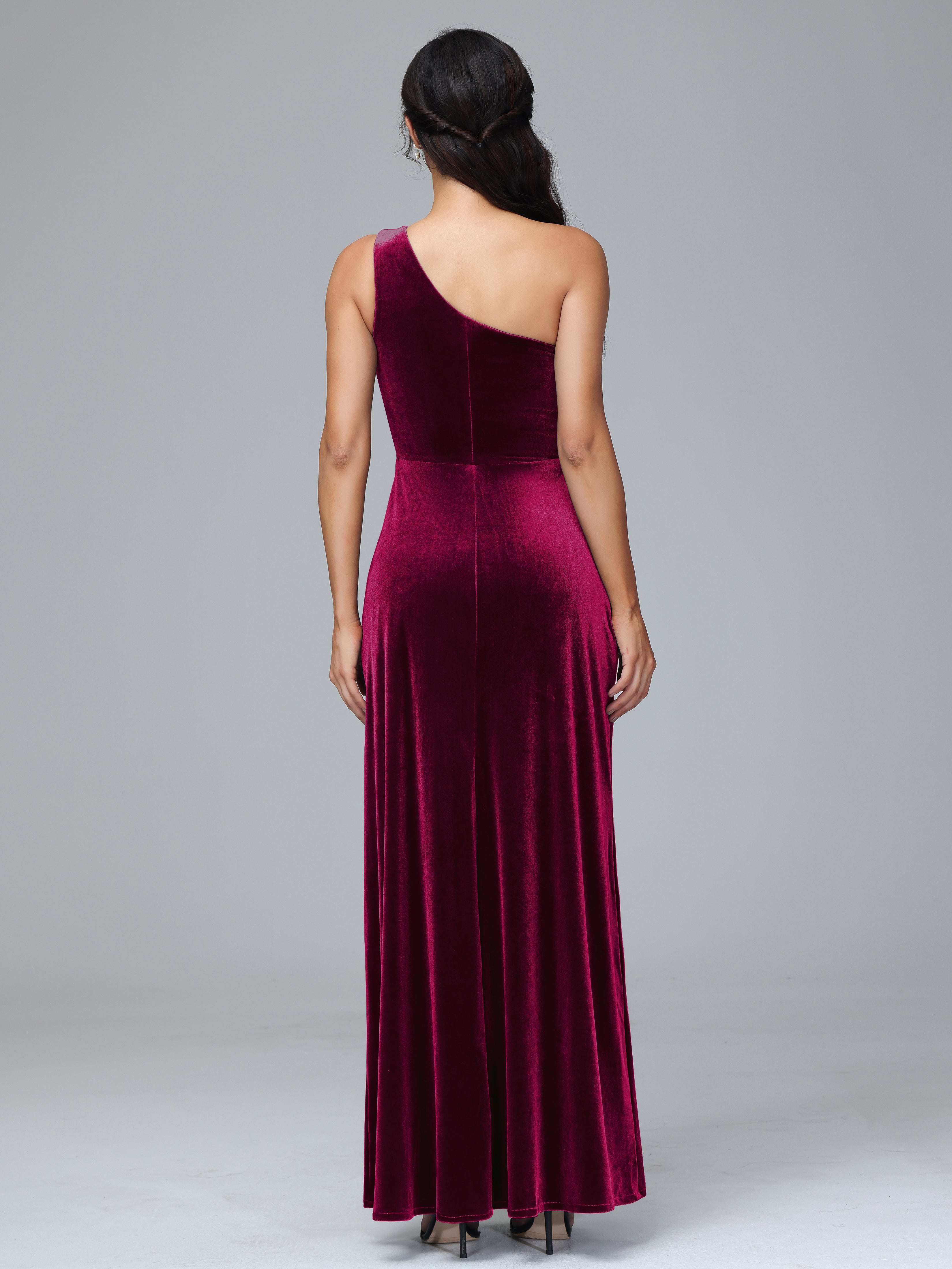 Column One Shoulder Zipper Velvet Bridesmaid Dresses