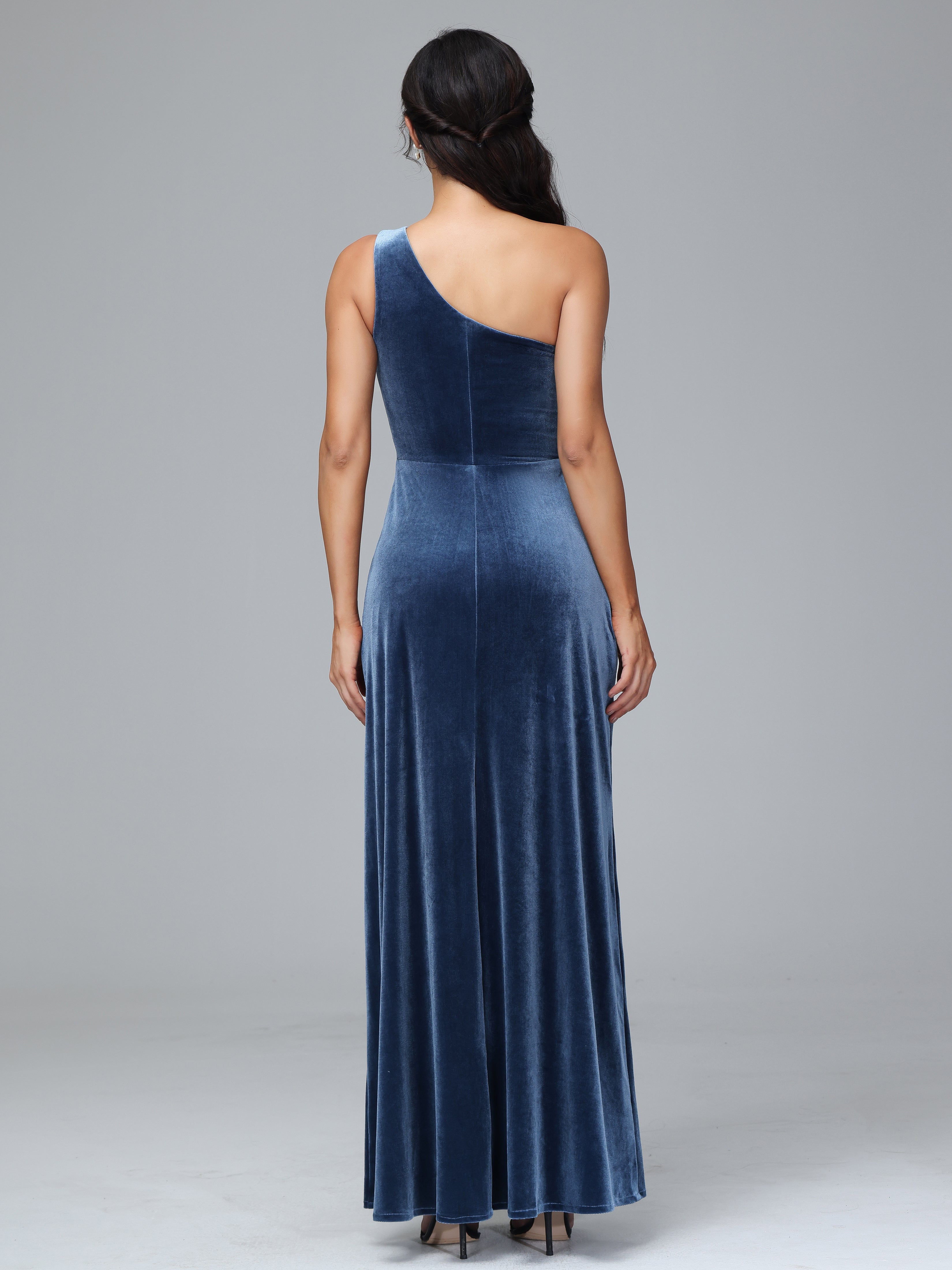 Column One Shoulder Zipper Velvet Bridesmaid Dresses