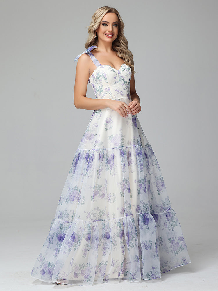 Cicinia A line Lace up Floral Long Prom Dresses