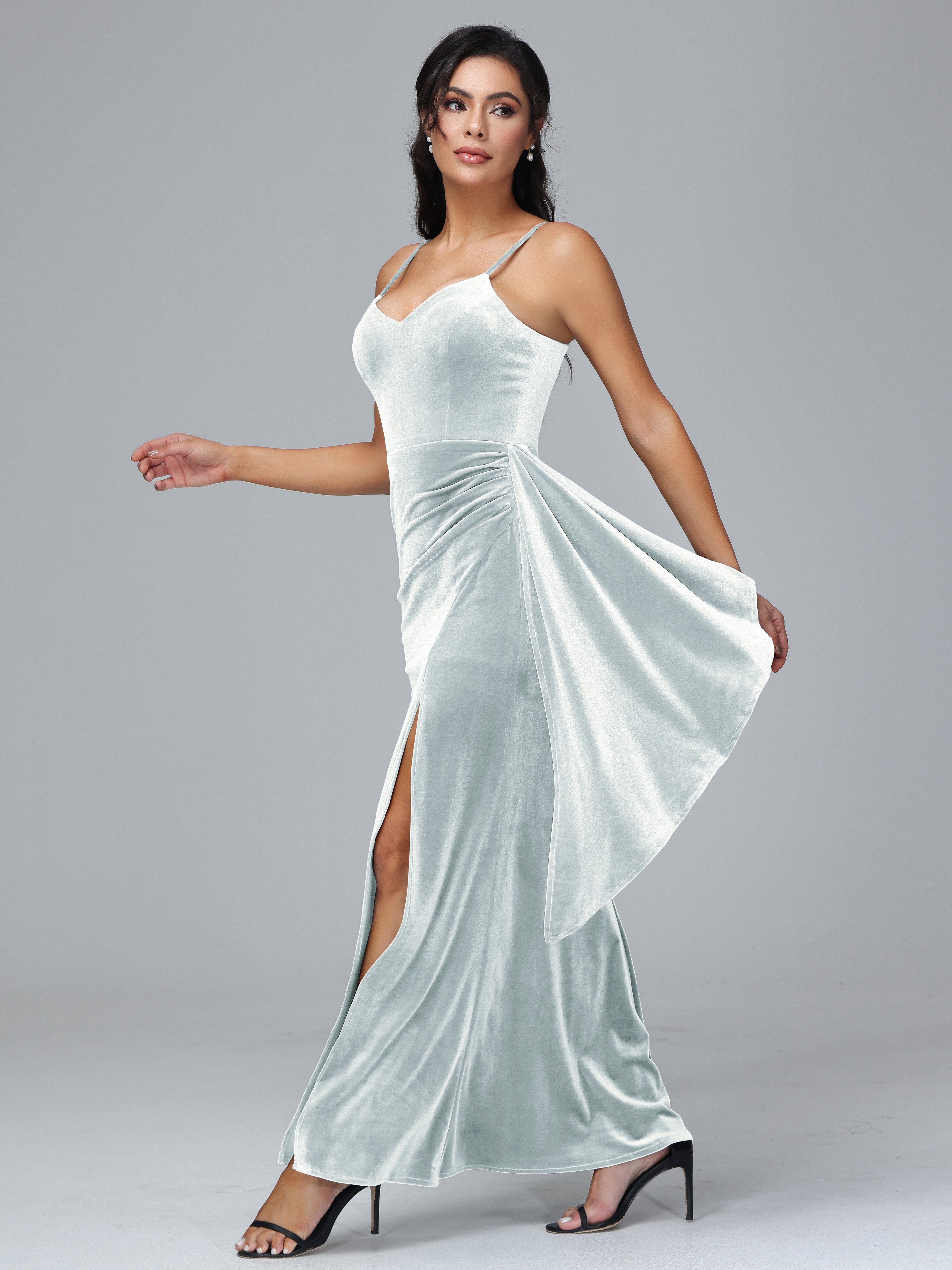 Spaghetti Straps V-Neck Ruched Plus Size Bridesmaid Dresses With Split