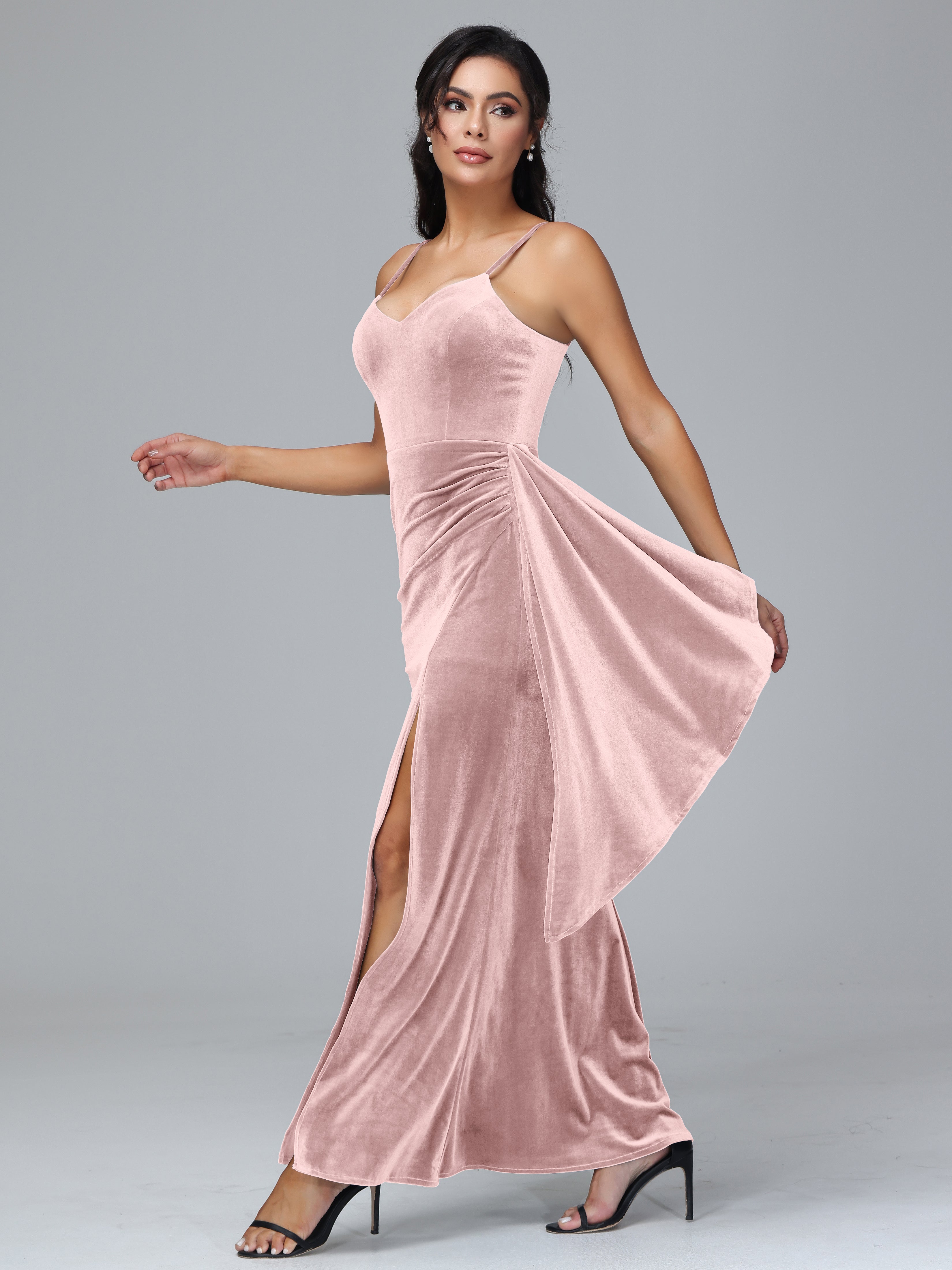 Spaghetti Straps V-Neck Ruched Plus Size Bridesmaid Dresses With Split