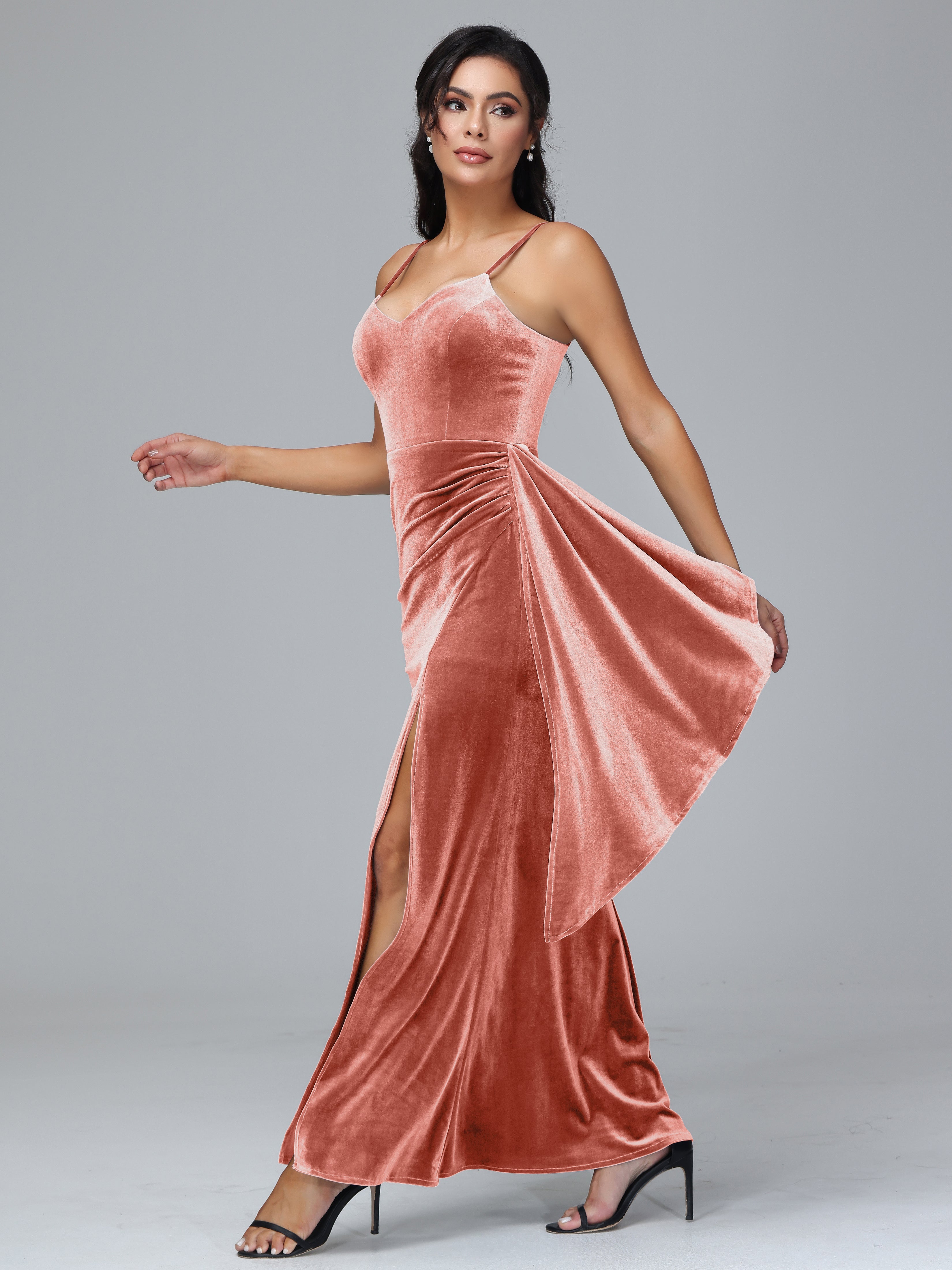 Spaghetti Straps V-Neck Ruched Plus Size Bridesmaid Dresses With Split