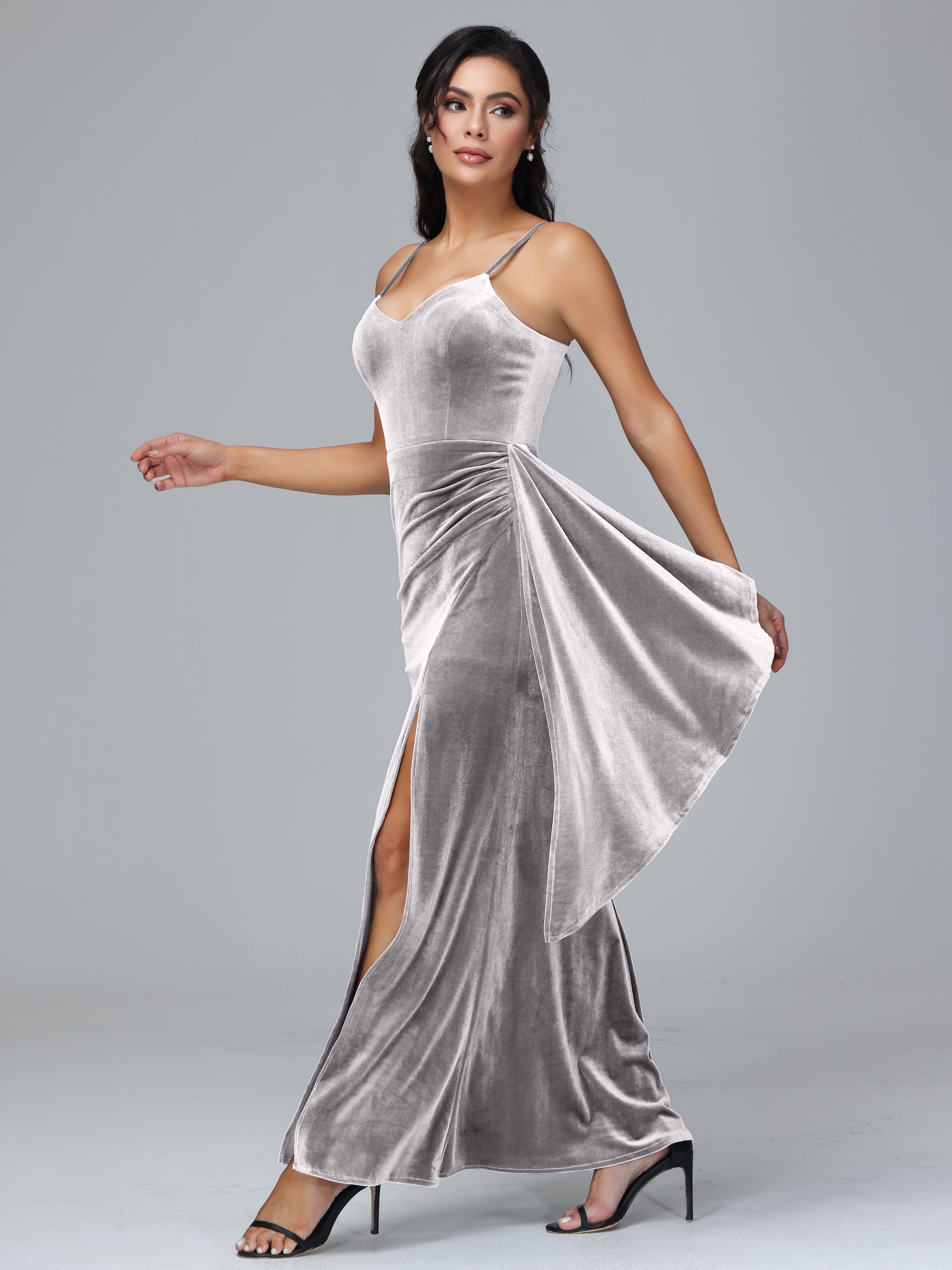 Spaghetti Straps V-Neck Ruched Plus Size Bridesmaid Dresses With Split