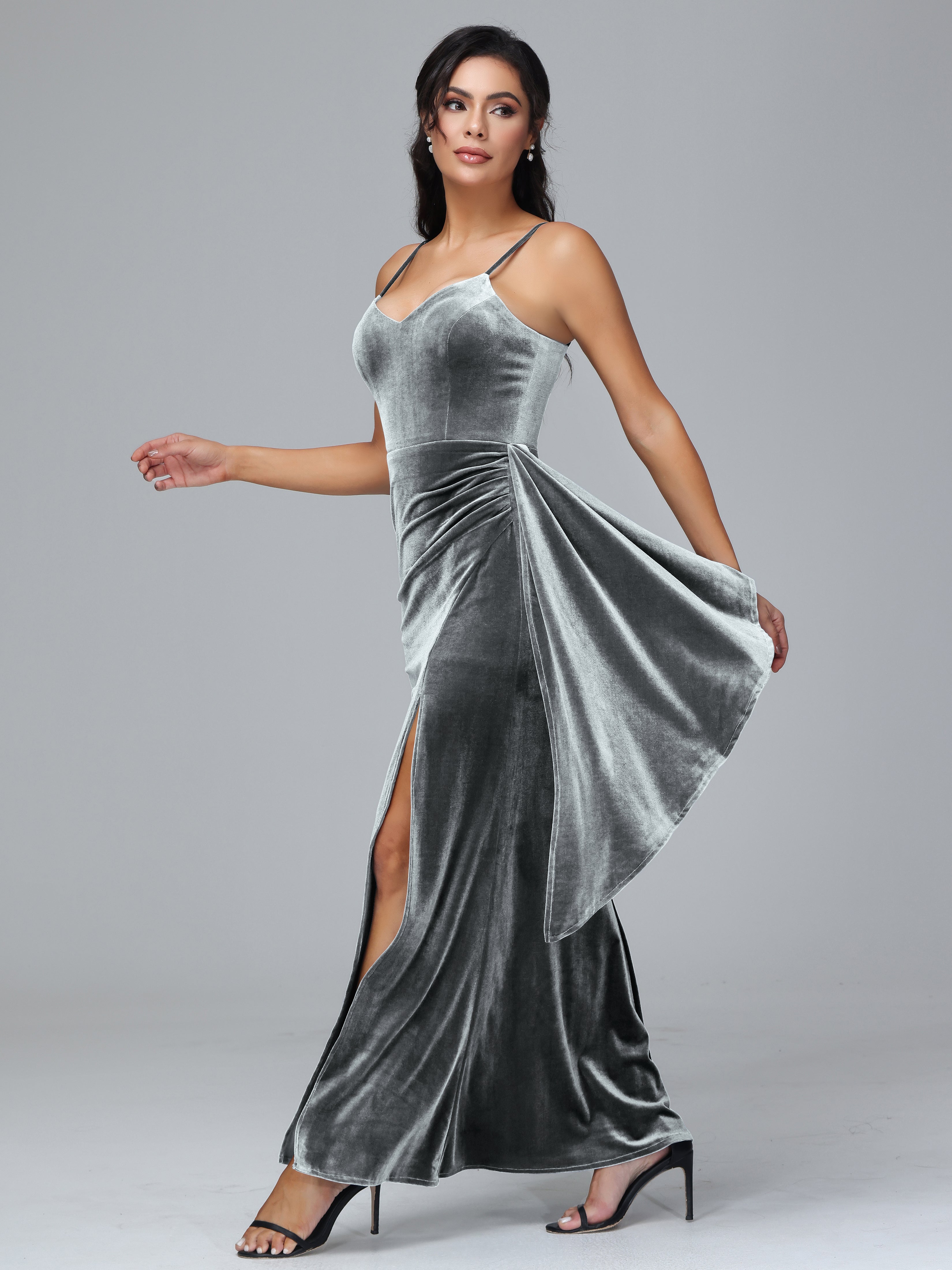 Spaghetti Straps V-Neck Ruched Plus Size Bridesmaid Dresses With Split