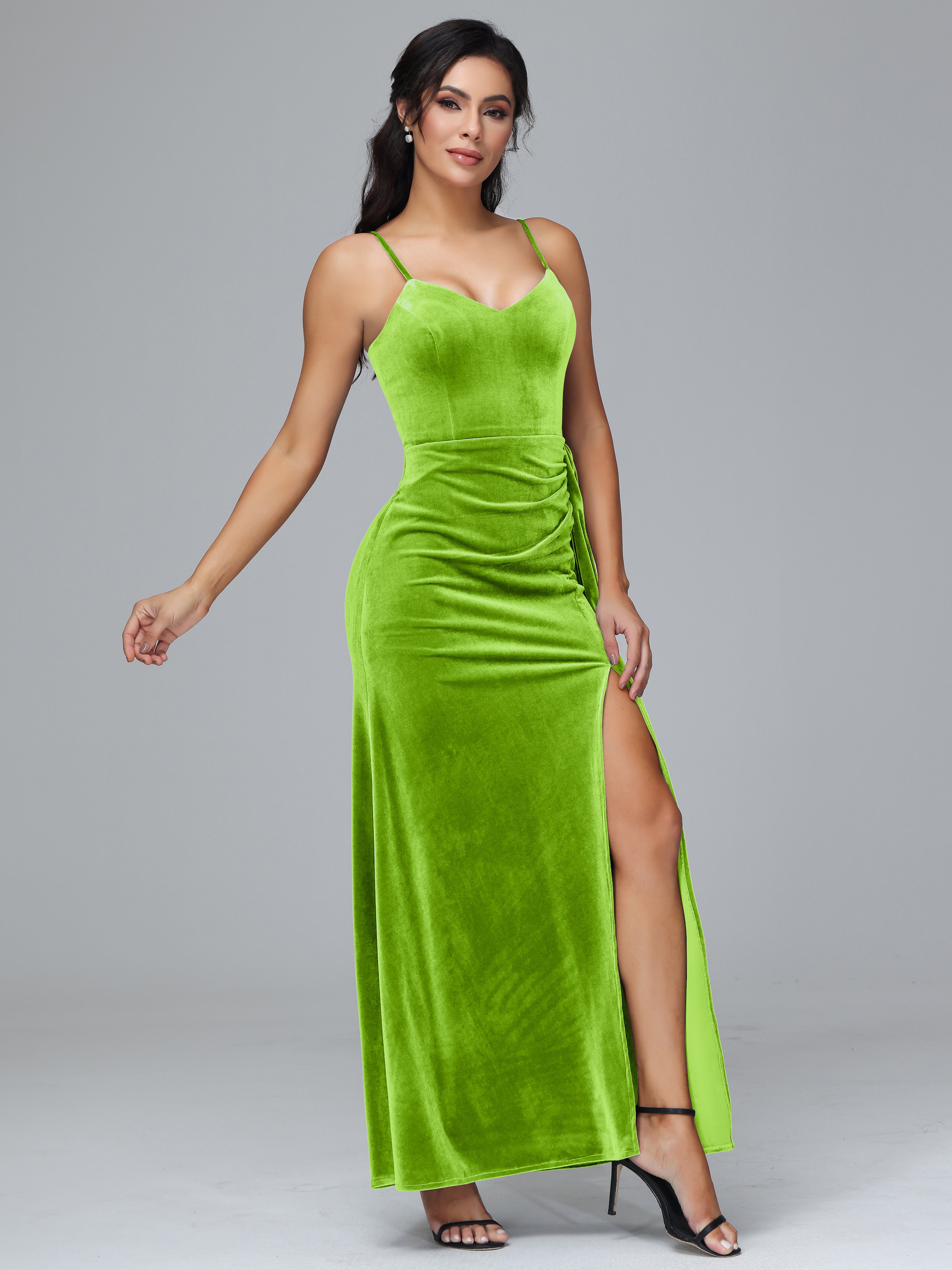 Spaghetti Straps V-Neck Ruched Plus Size Bridesmaid Dresses With Split