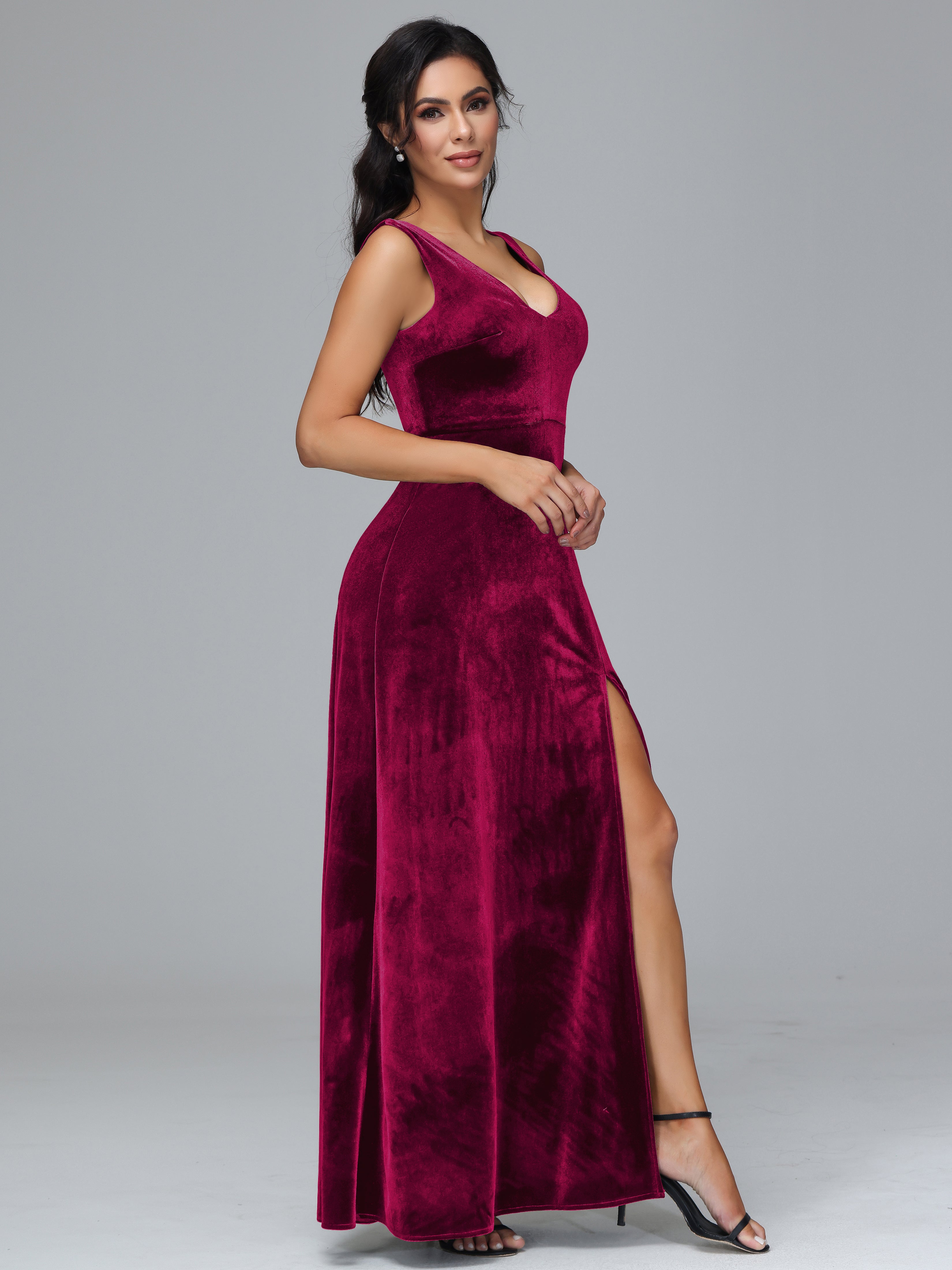 Straps V-Neck Split Velvet Bridesmaid Dresses