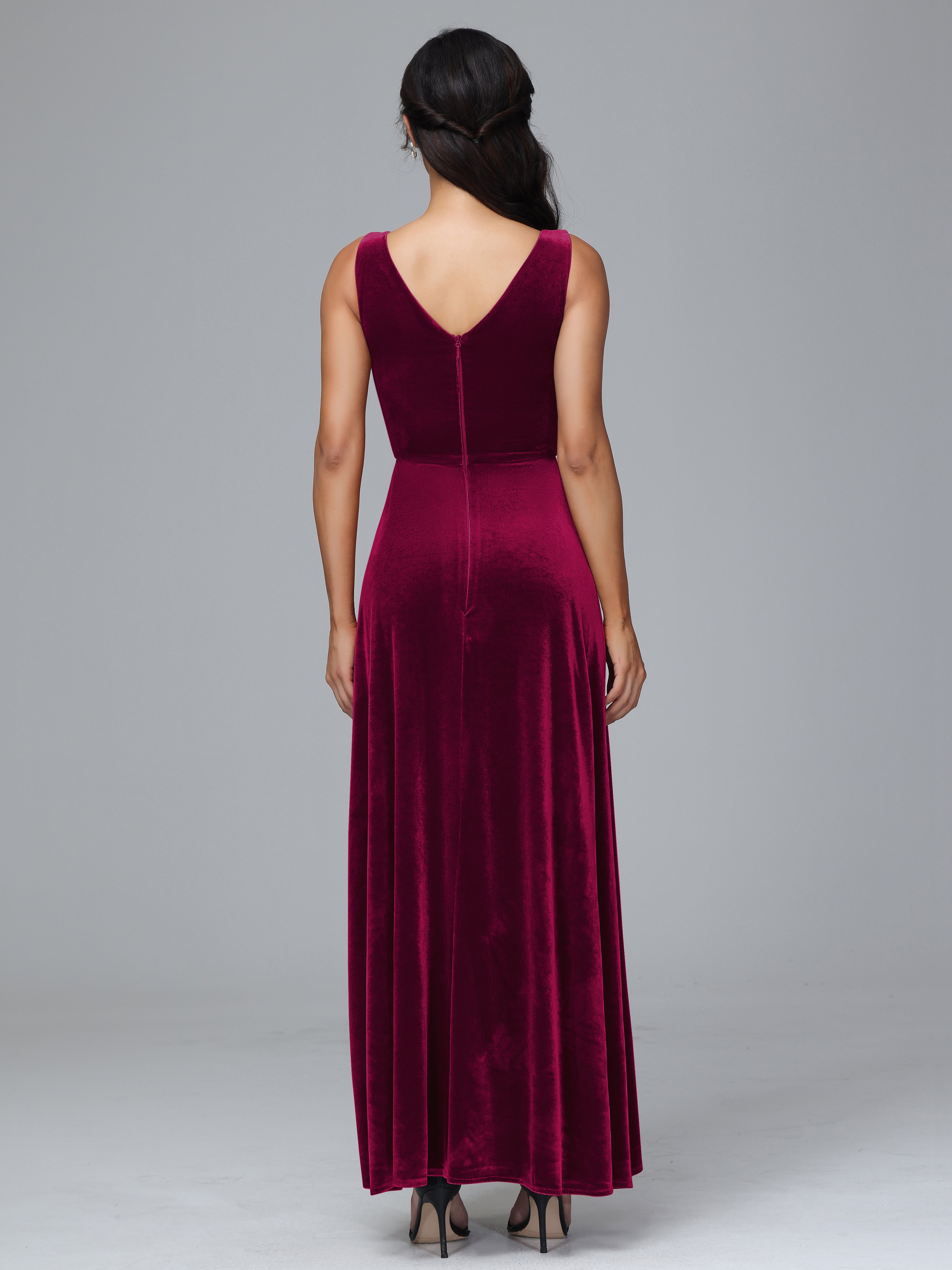 Straps Pleats Zipper Velvet Bridesmaid Dresses With Split