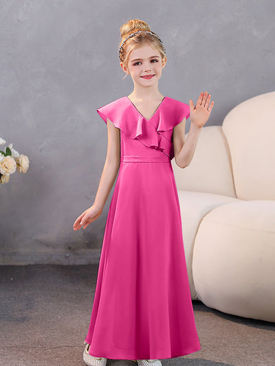 Ruffles V-neck Chiffon Slit Junior Bridesmaid Dresses Dusty Rose main image 0