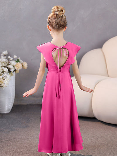 Ruffles V-neck Chiffon Slit Junior Bridesmaid Dresses Peacock