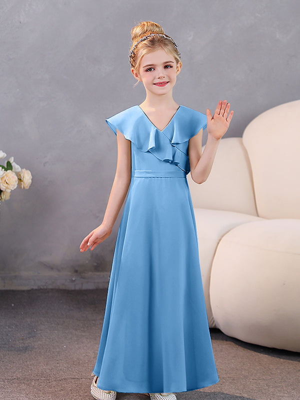 Ruffles V-neck Chiffon Slit Junior Bridesmaid Dresses White