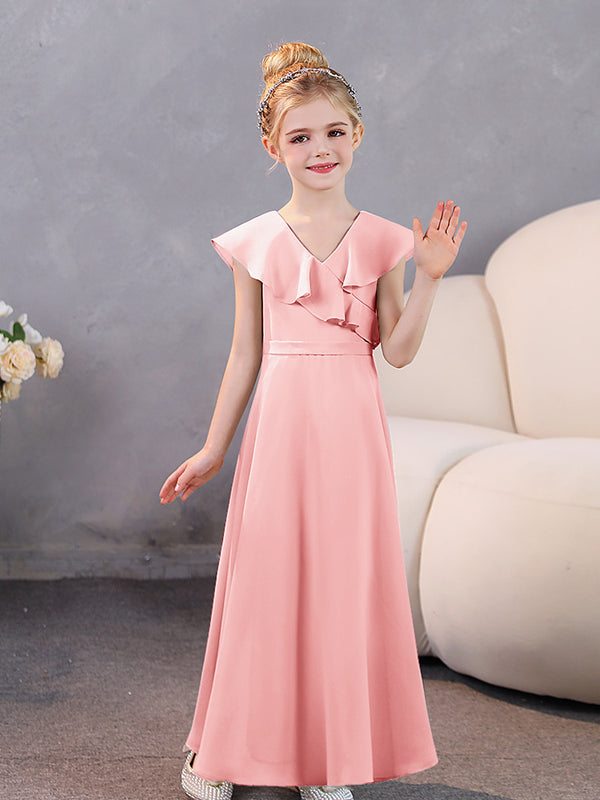 V-neck Chiffon A-Line Junior Bridesmaid Dresses Blushing Pink