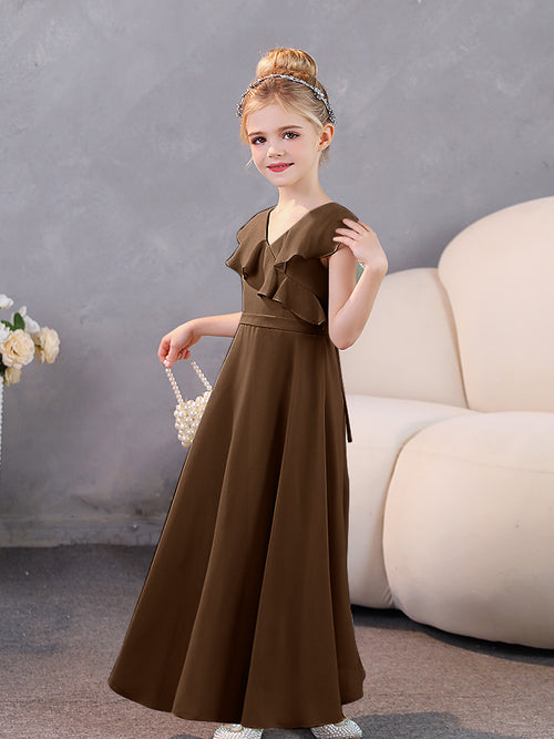 V-neck A-line Chiffon Junior Bridesmaid Dresses Brown