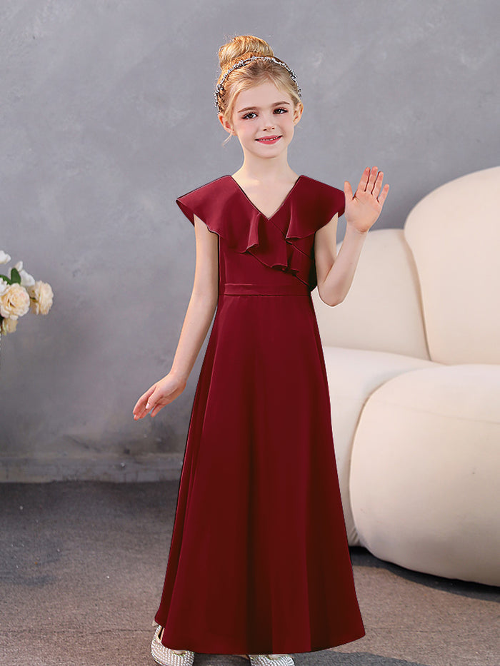 Ruffles V-neck Chiffon Slit Junior Bridesmaid Dresses Dark Green main image 0