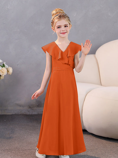 Ruffles V-neck Chiffon Slit Junior Bridesmaid Dresses Flamingo