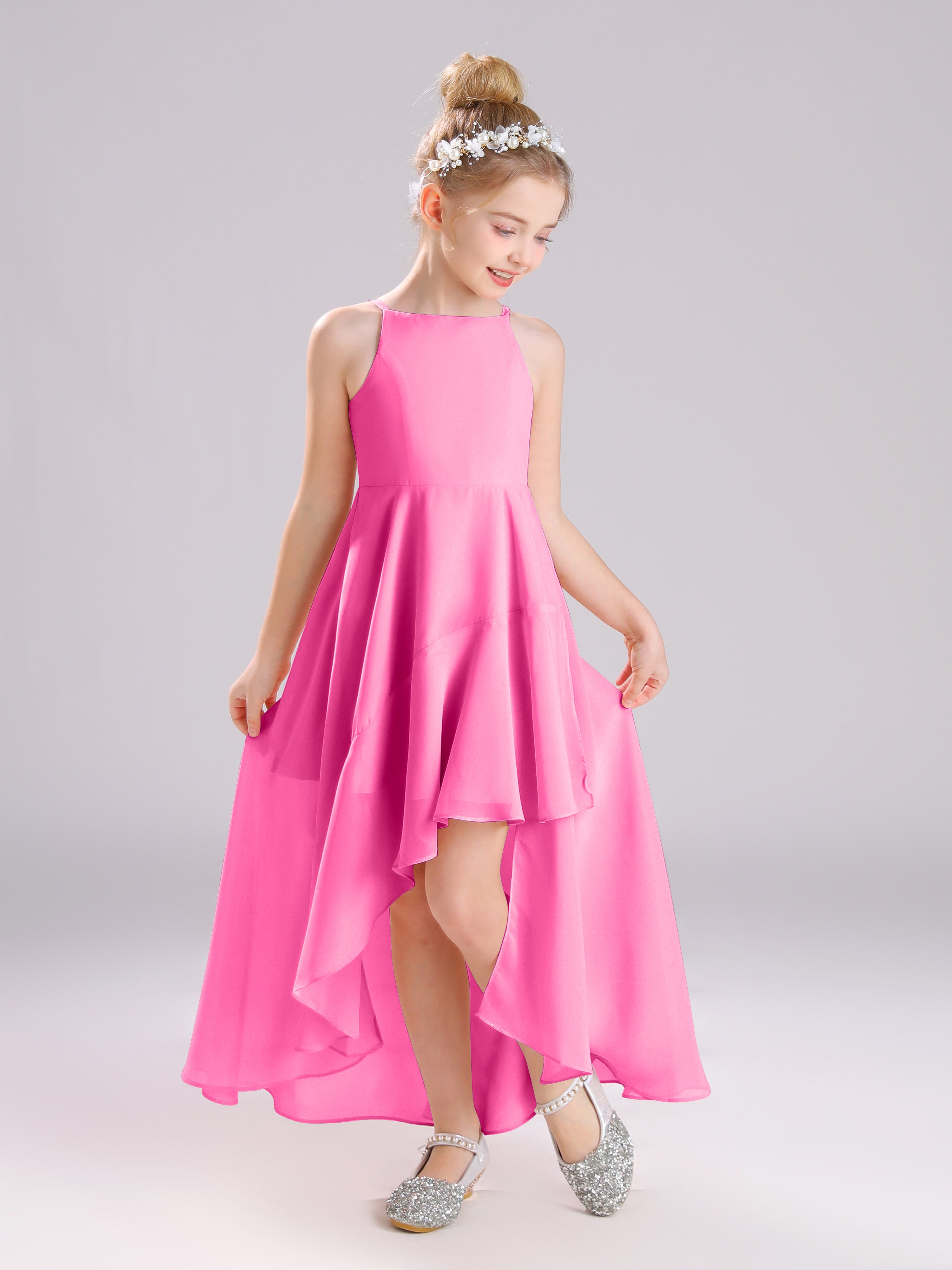 High-Low Ruffles Sleeveless Chiffon Junior Bridesmaid Dresses