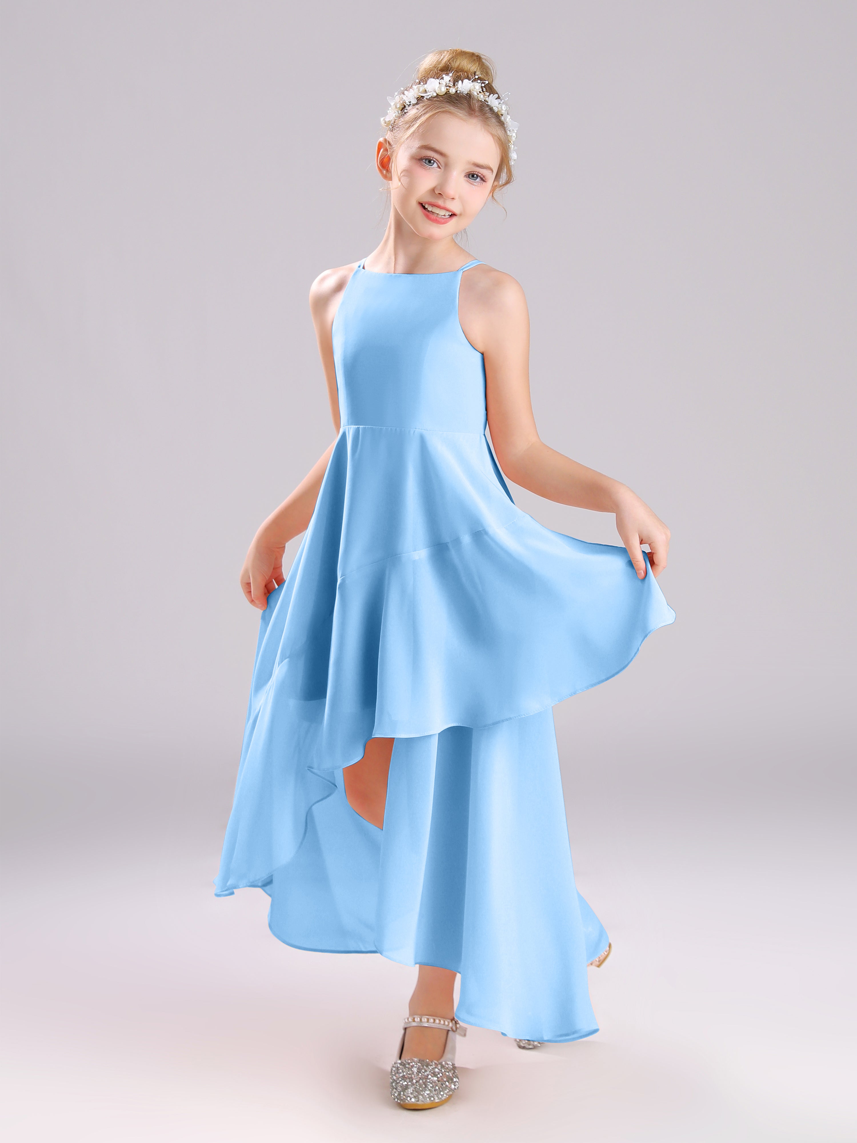 High-Low Ruffles Sleeveless Chiffon Junior Bridesmaid Dresses