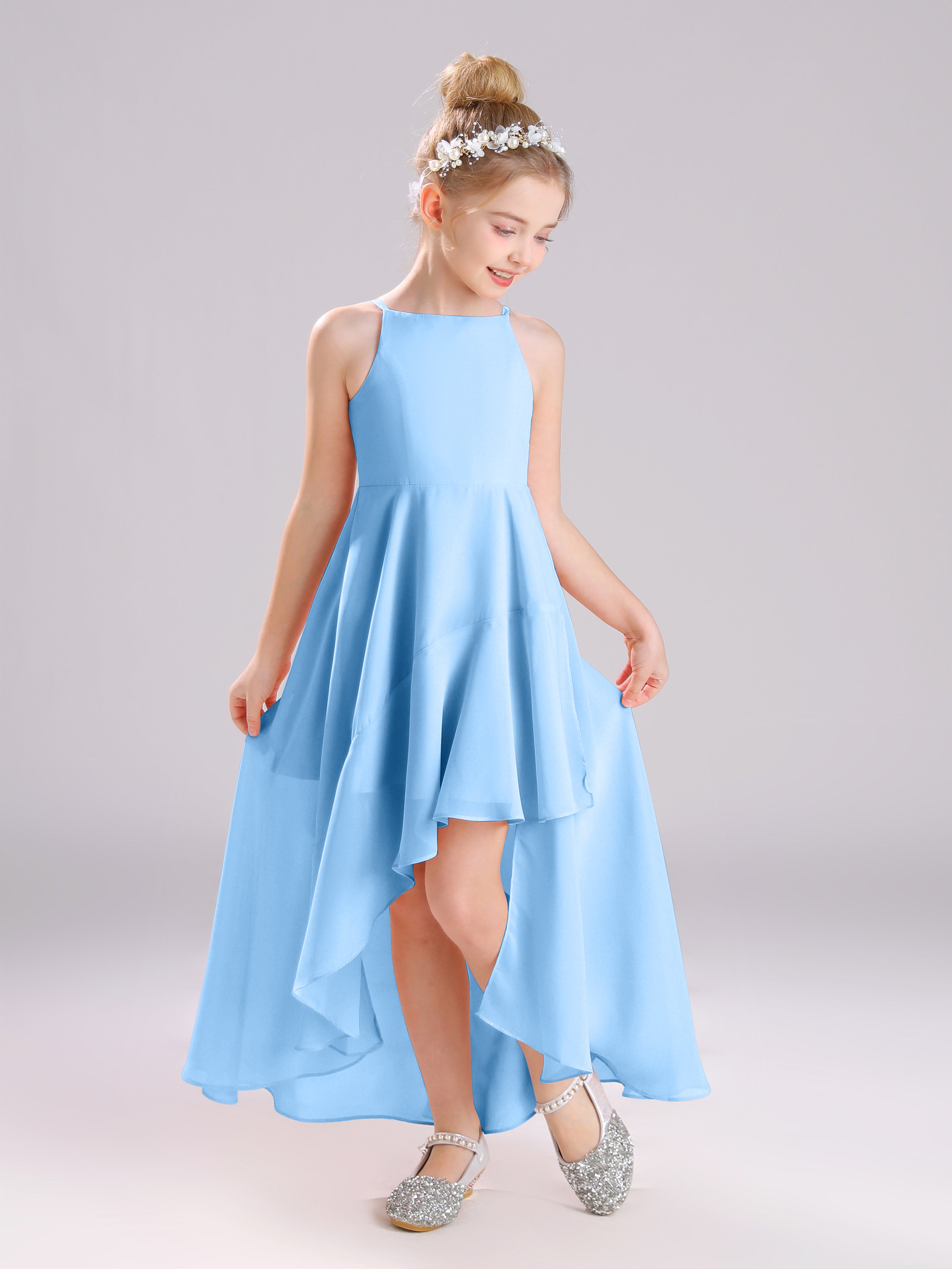 High-Low Ruffles Sleeveless Chiffon Junior Bridesmaid Dresses