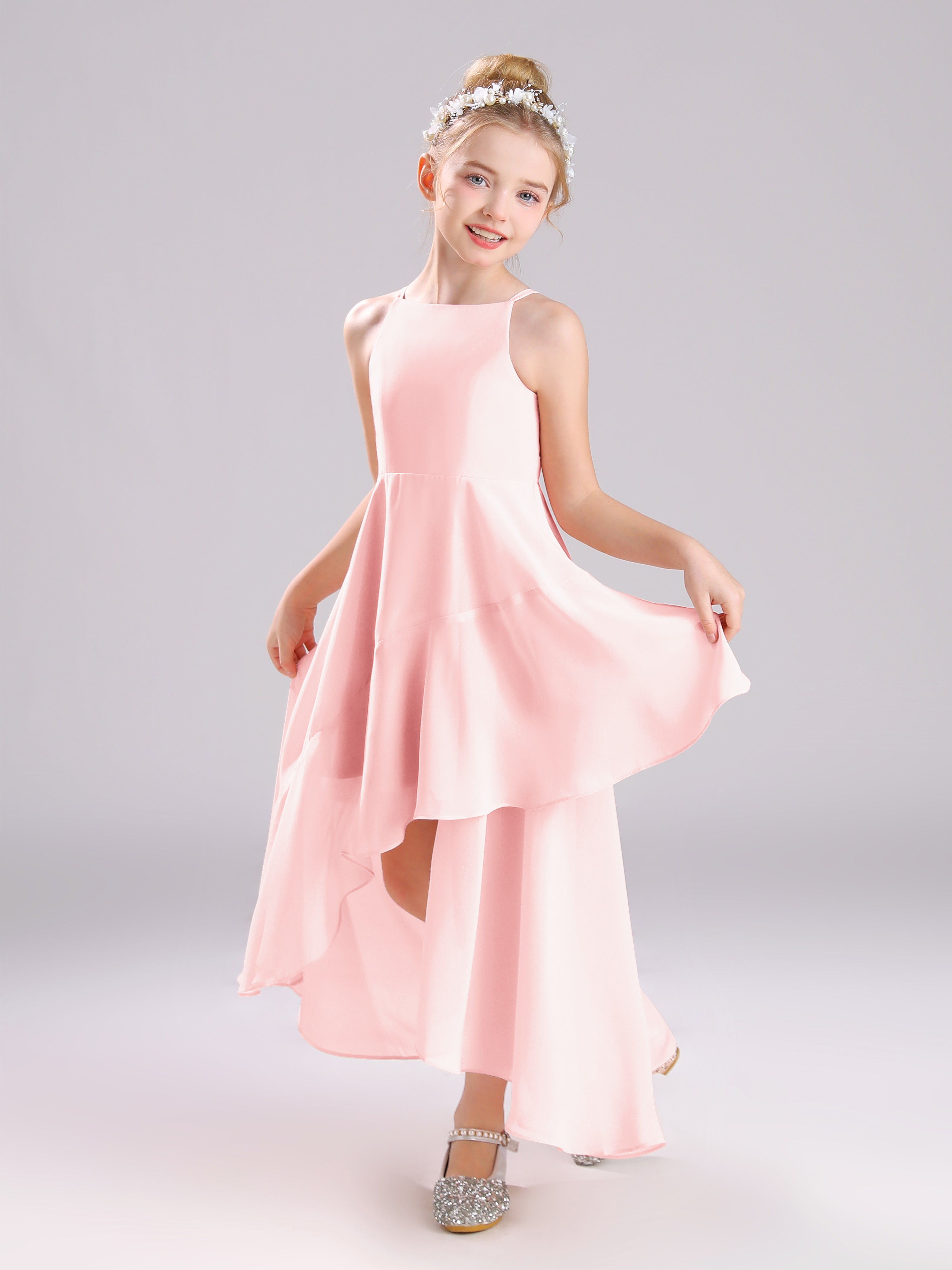 High-Low Ruffles Sleeveless Chiffon Junior Bridesmaid Dresses