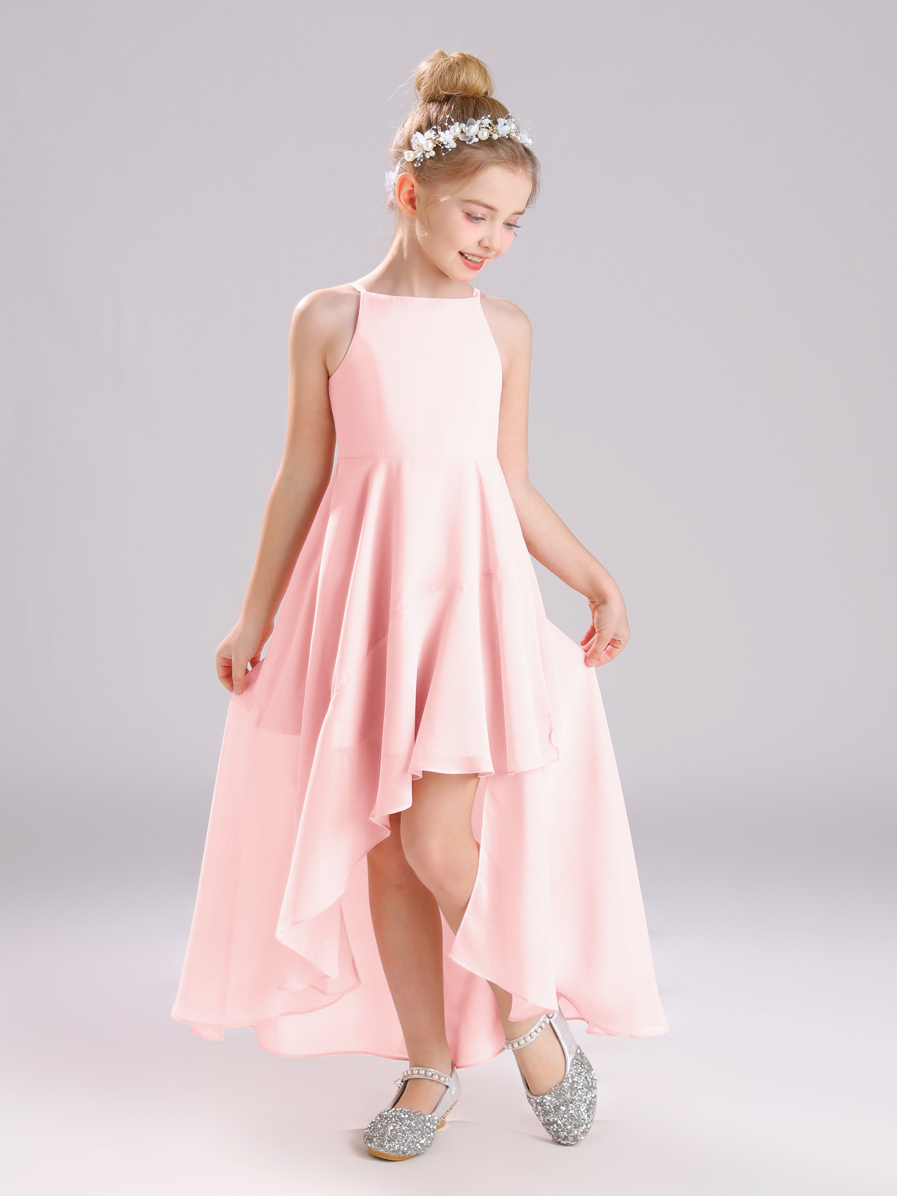 High-Low Ruffles Sleeveless Chiffon Junior Bridesmaid Dresses