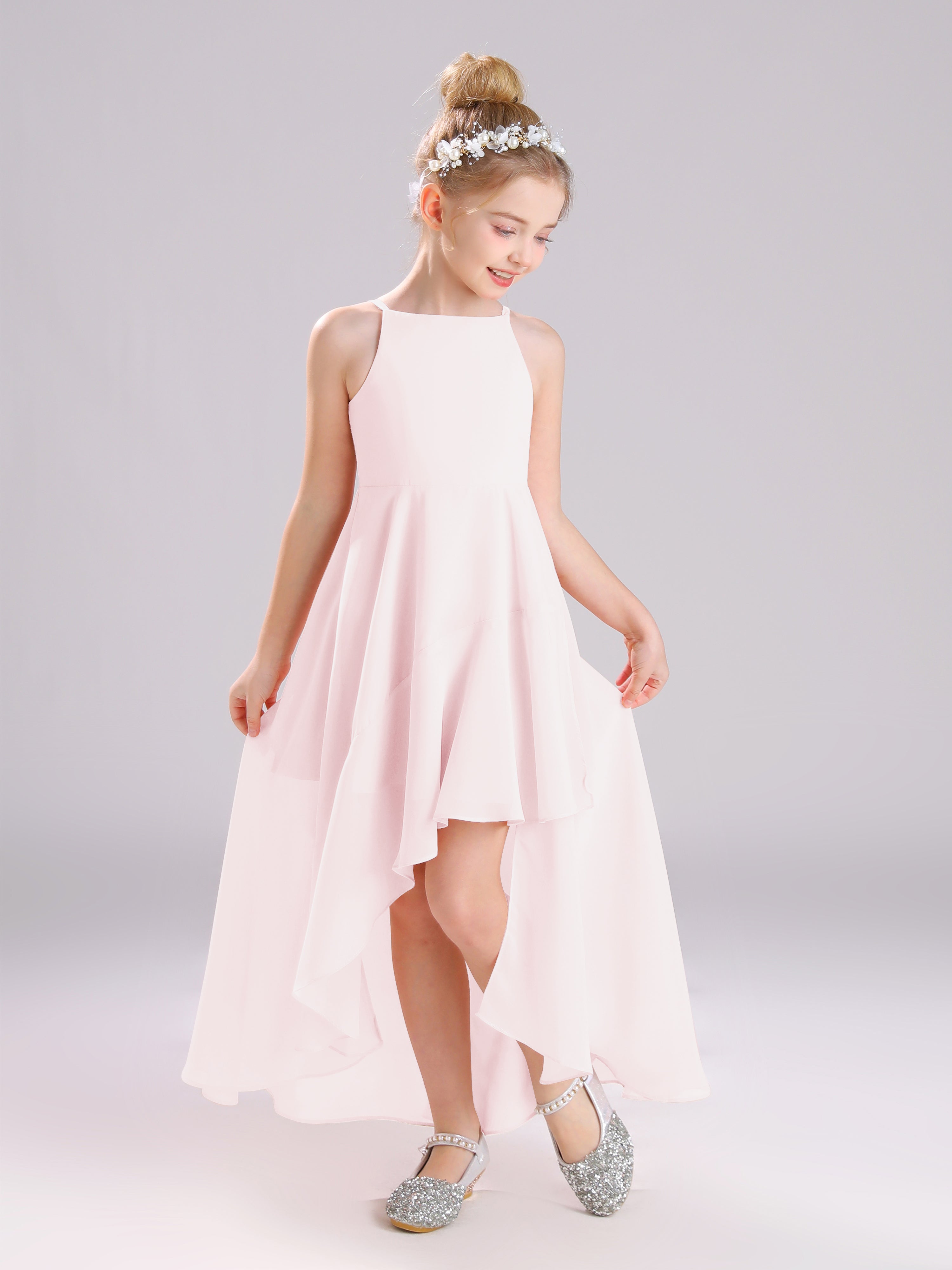 High-Low Ruffles Sleeveless Chiffon Junior Bridesmaid Dresses