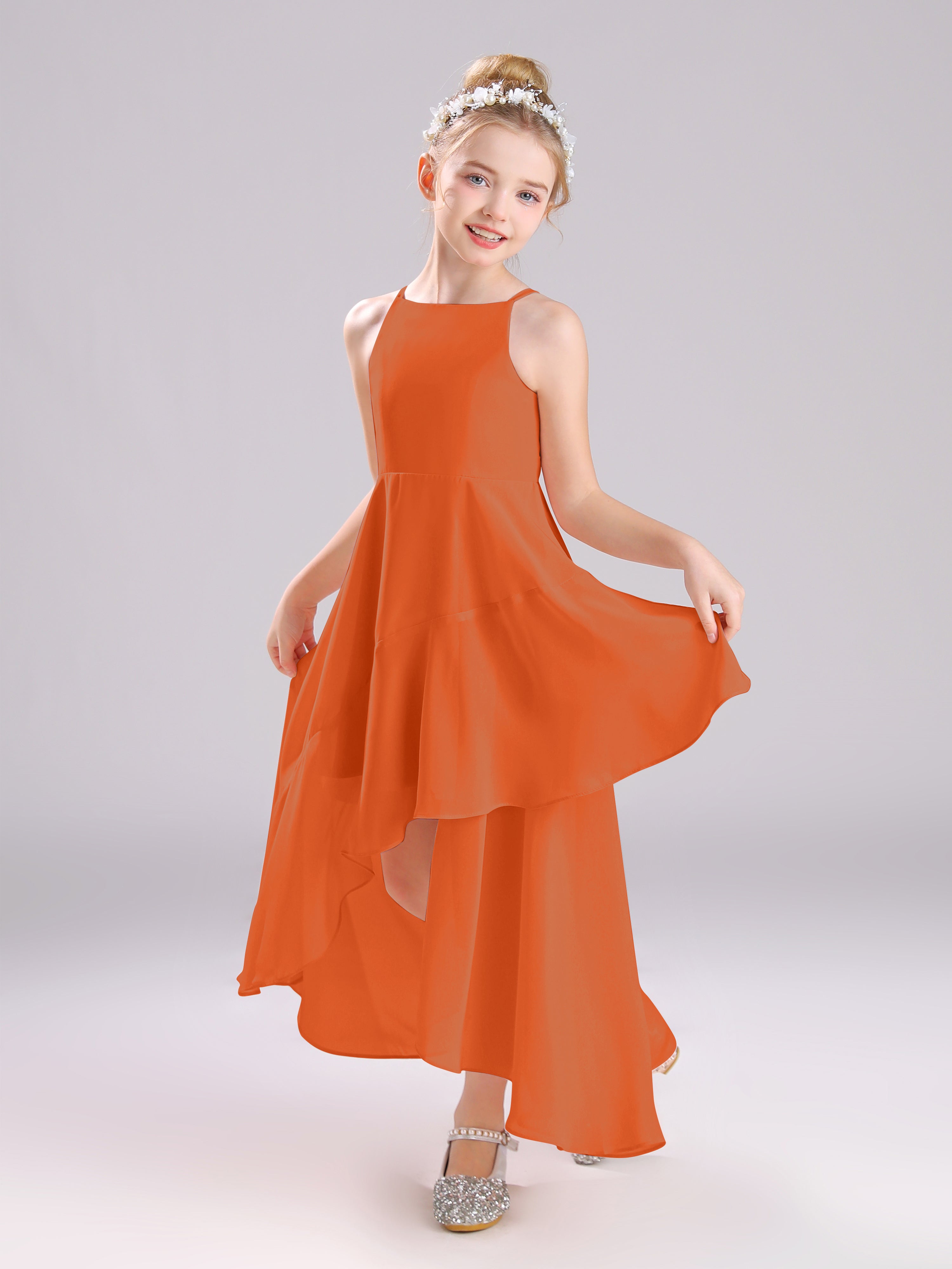 High-Low Ruffles Sleeveless Chiffon Junior Bridesmaid Dresses