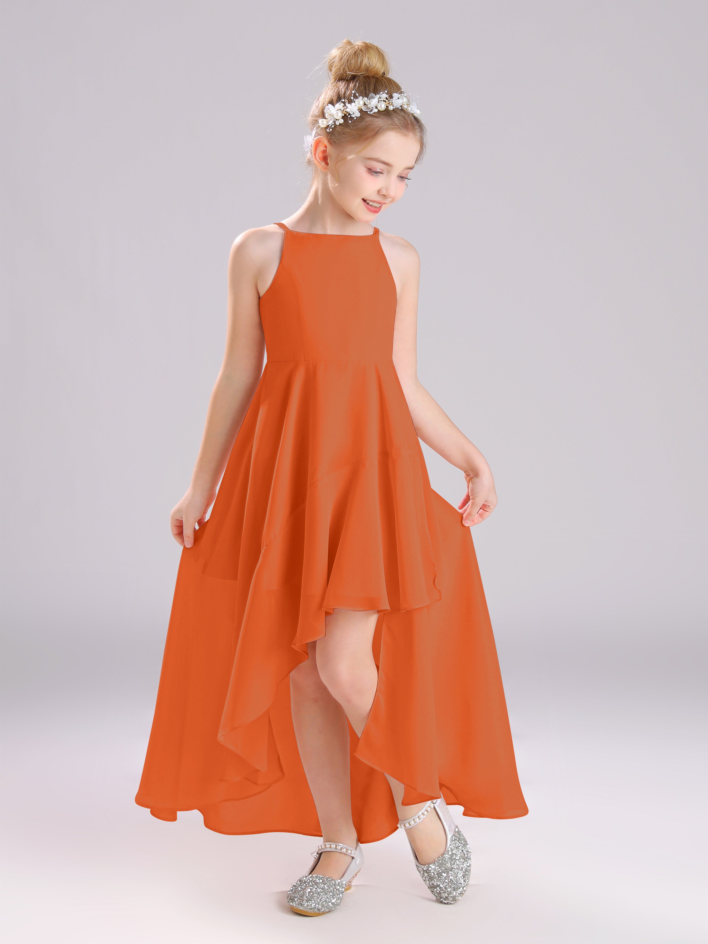 High-Low Ruffles Sleeveless Chiffon Junior Bridesmaid Dresses